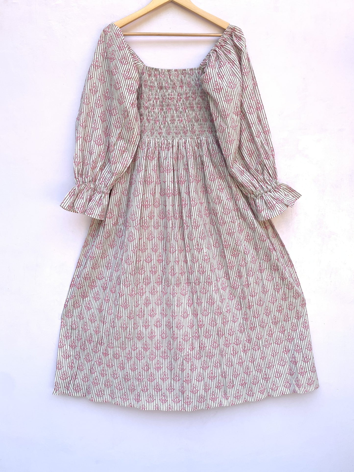 Cream Floral Block Print Cotton Midi Dress – Square Neck Smocked Bohemian Dress