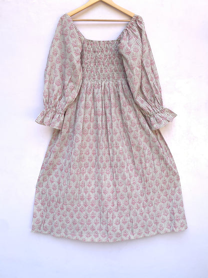 Cream Floral Block Print Cotton Midi Dress – Square Neck Smocked Bohemian Dress