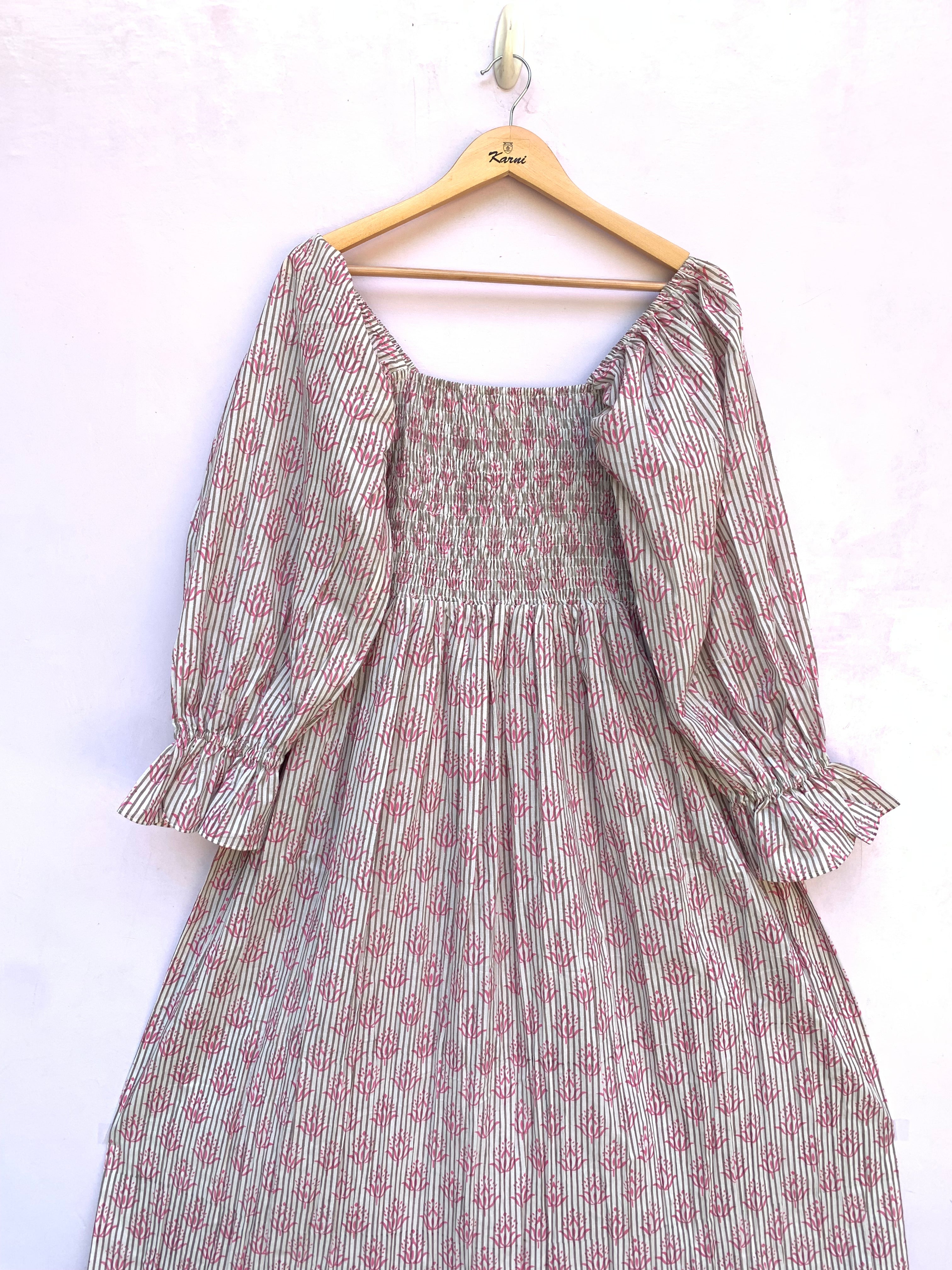 pink stripped floral hand block printed smocked maxi dress - long ruffle sleeves