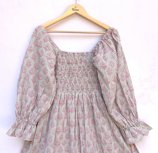 Cream Floral Block Print Cotton Midi Dress – Square Neck Smocked Bohemian Dress