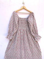 pink stripped floral hand block printed smocked maxi dress - long ruffle sleeves