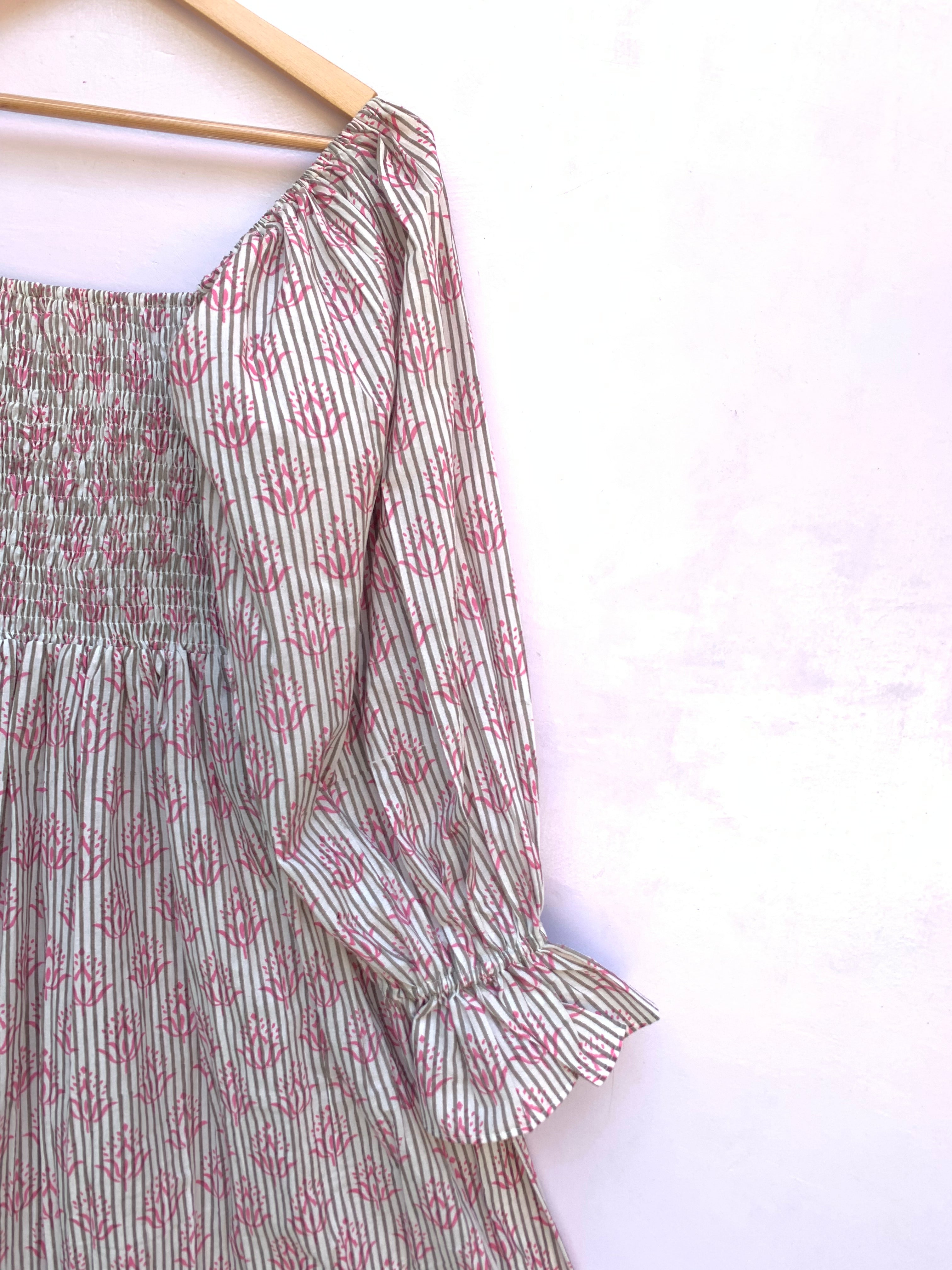 pink stripped floral hand block printed smocked maxi dress - long ruffle sleeves