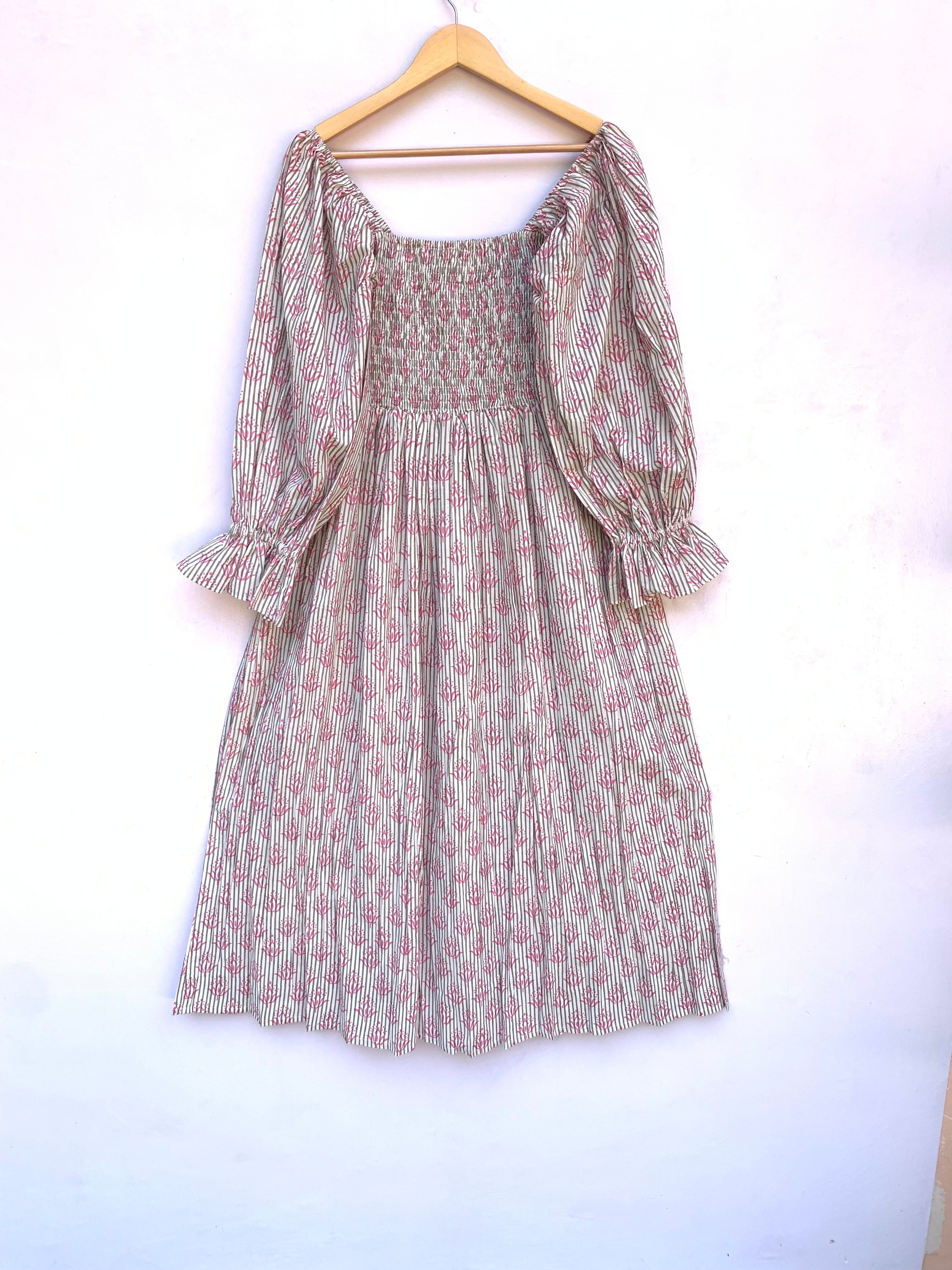 pink stripped floral hand block printed smocked maxi dress - long ruffle sleeves