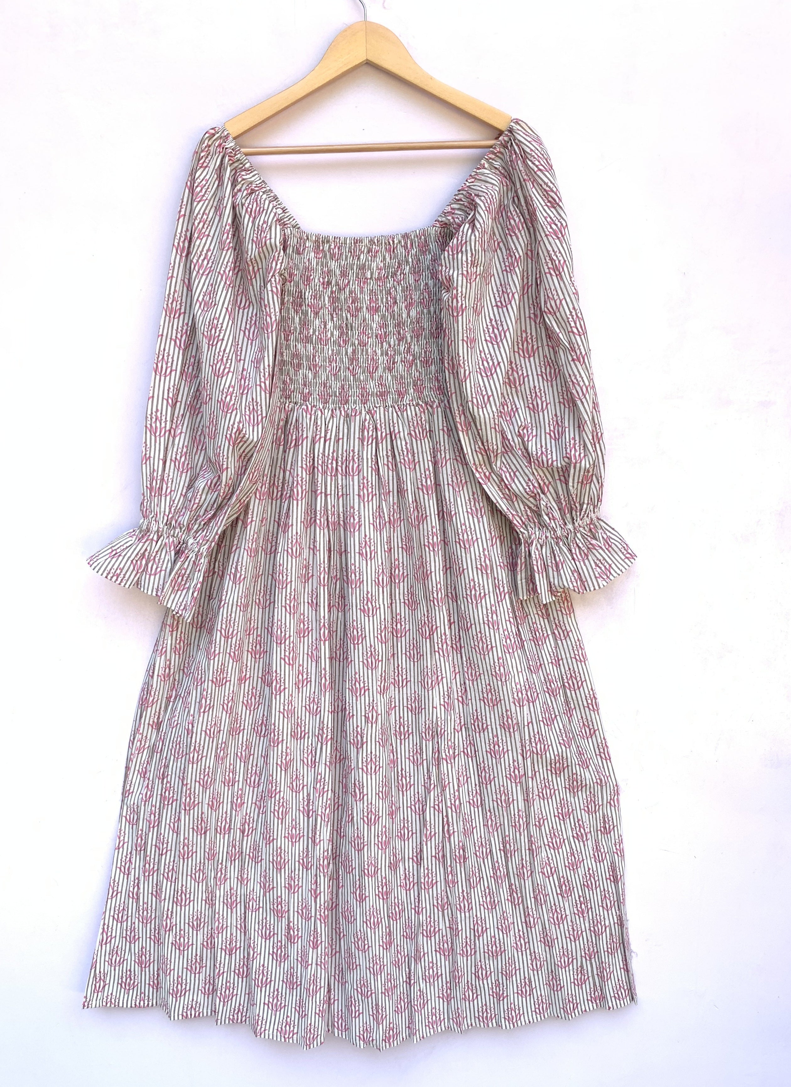 cotton gray-pink floral block printed women's maxi dress