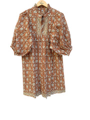 indian brown floral block printed women's mini maxi dress