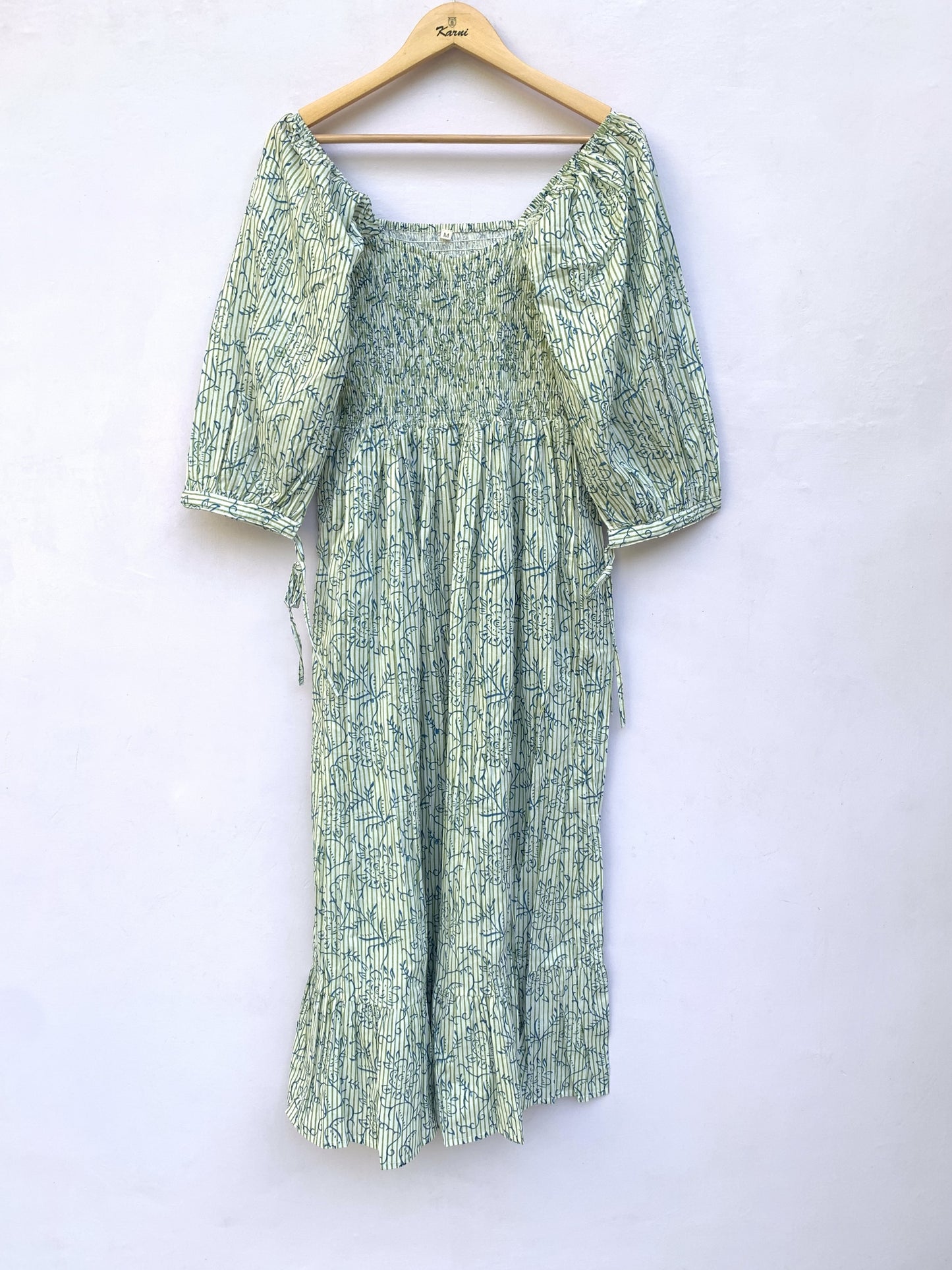 Sage Green Floral Block Print Cotton Midi Dress – Smocked Puff Sleeve Boho Dress