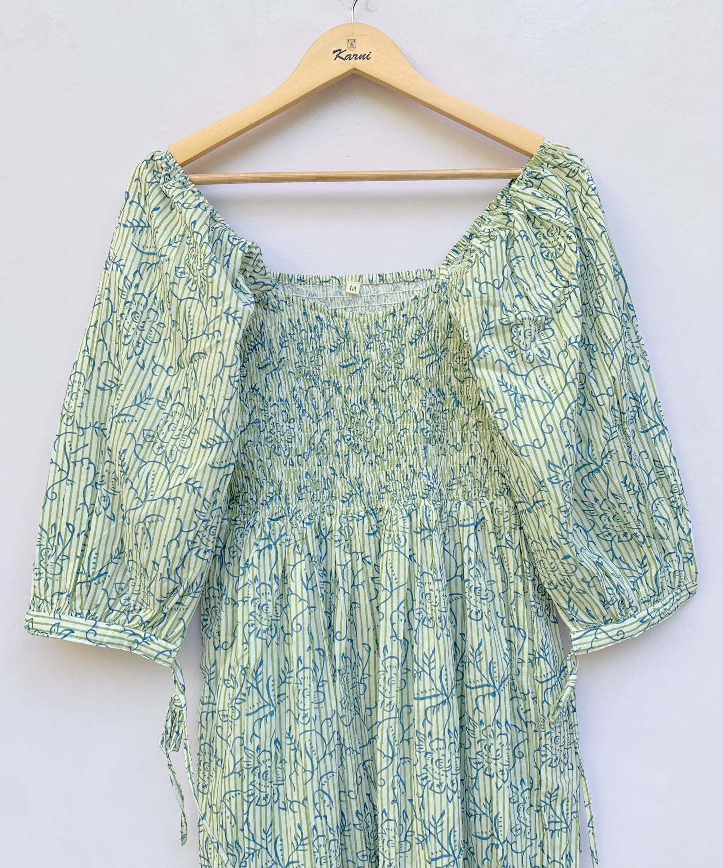 Sage Green Floral Block Print Cotton Midi Dress – Smocked Puff Sleeve Boho Dress