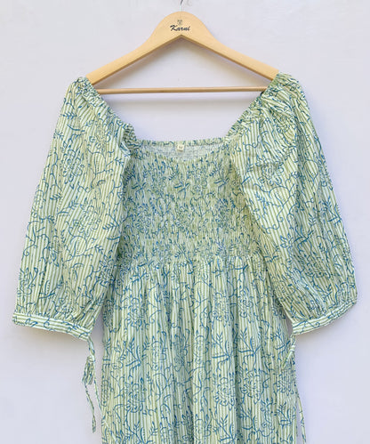 Sage Green Floral Block Print Cotton Midi Dress – Smocked Puff Sleeve Boho Dress