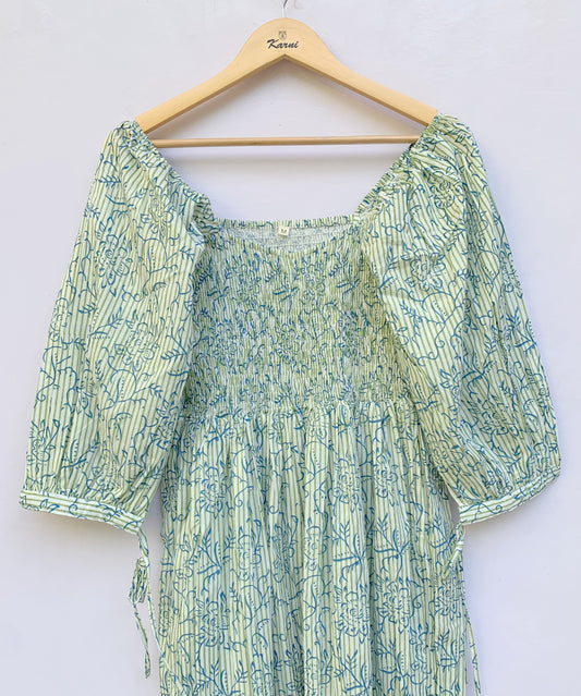 Sage Green Floral Block Print Cotton Midi Dress – Smocked Puff Sleeve Boho Dress