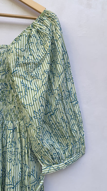 Sage Green Floral Block Print Cotton Midi Dress – Smocked Puff Sleeve Boho Dress