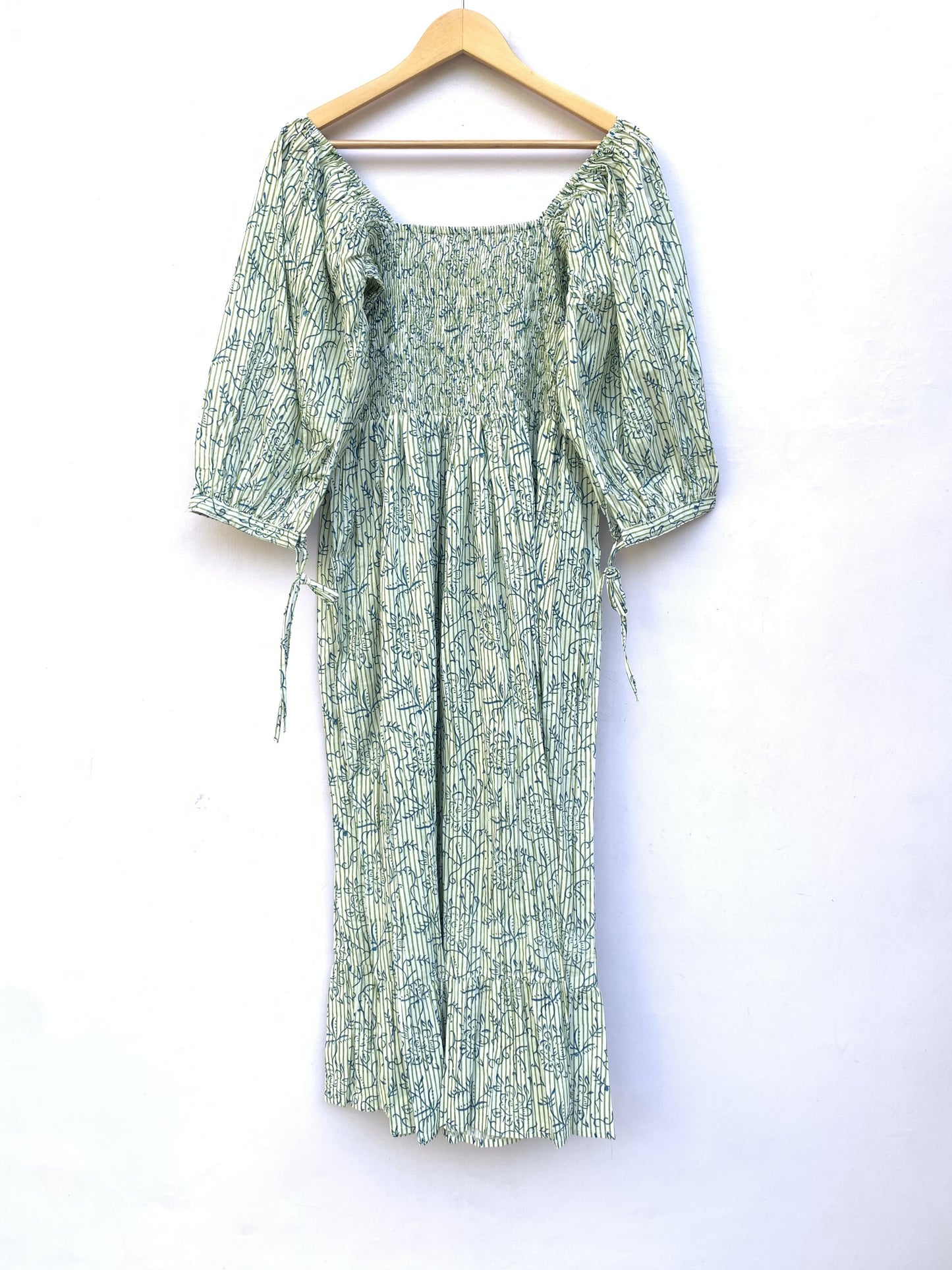 Sage Green Floral Block Print Cotton Midi Dress – Smocked Puff Sleeve Boho Dress