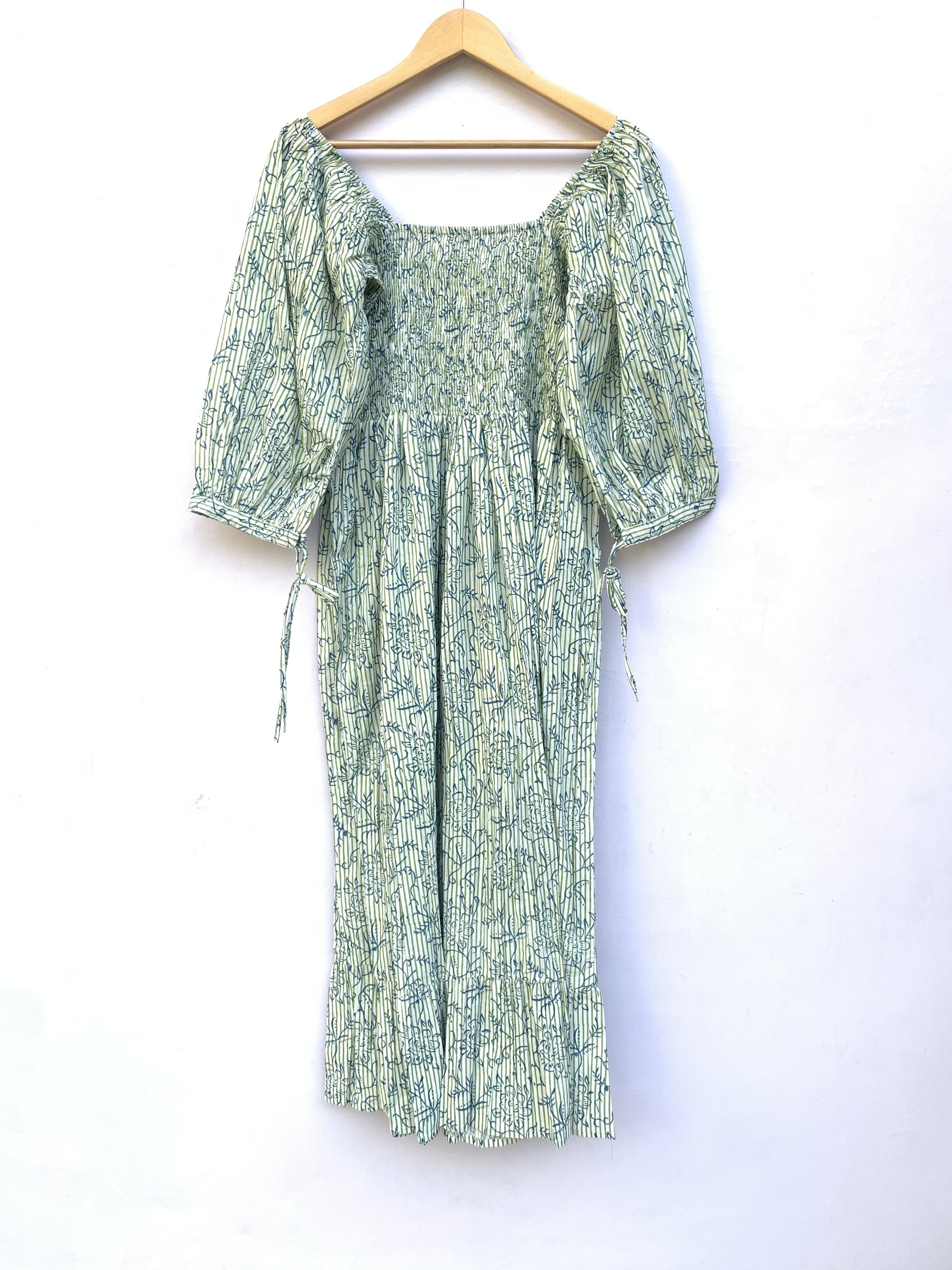 green line floral block printed women's maxi dress