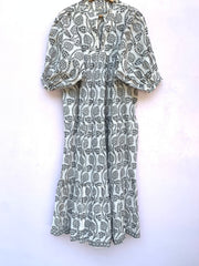 black pomogrante hand block printed frill collared maxi dress - 3/4th button sleeves