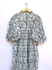 black pomogrante hand block printed frill collared maxi dress - 3/4th button sleeves