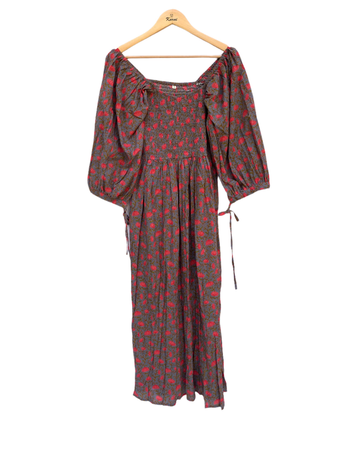 brown pink block printed spring summer maxi