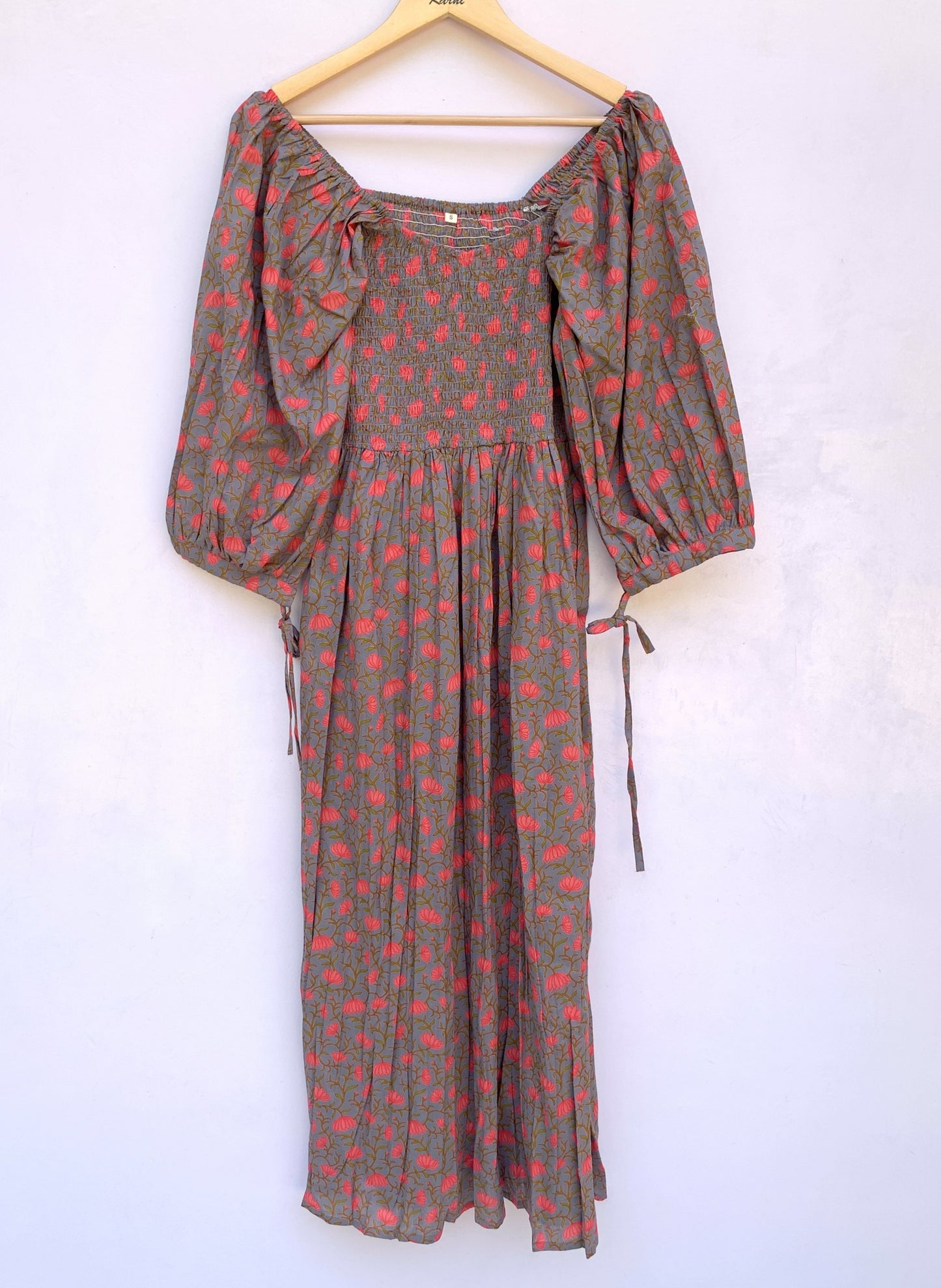 Grey Floral Hand Block Printed Cotton Midi Dress – Smocked Bodice Puff Sleeve Boho Dress