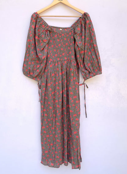 Grey Floral Hand Block Printed Cotton Midi Dress – Smocked Bodice Puff Sleeve Boho Dress