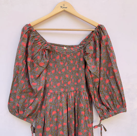 Grey Floral Hand Block Printed Cotton Midi Dress – Smocked Bodice Puff Sleeve Boho Dress