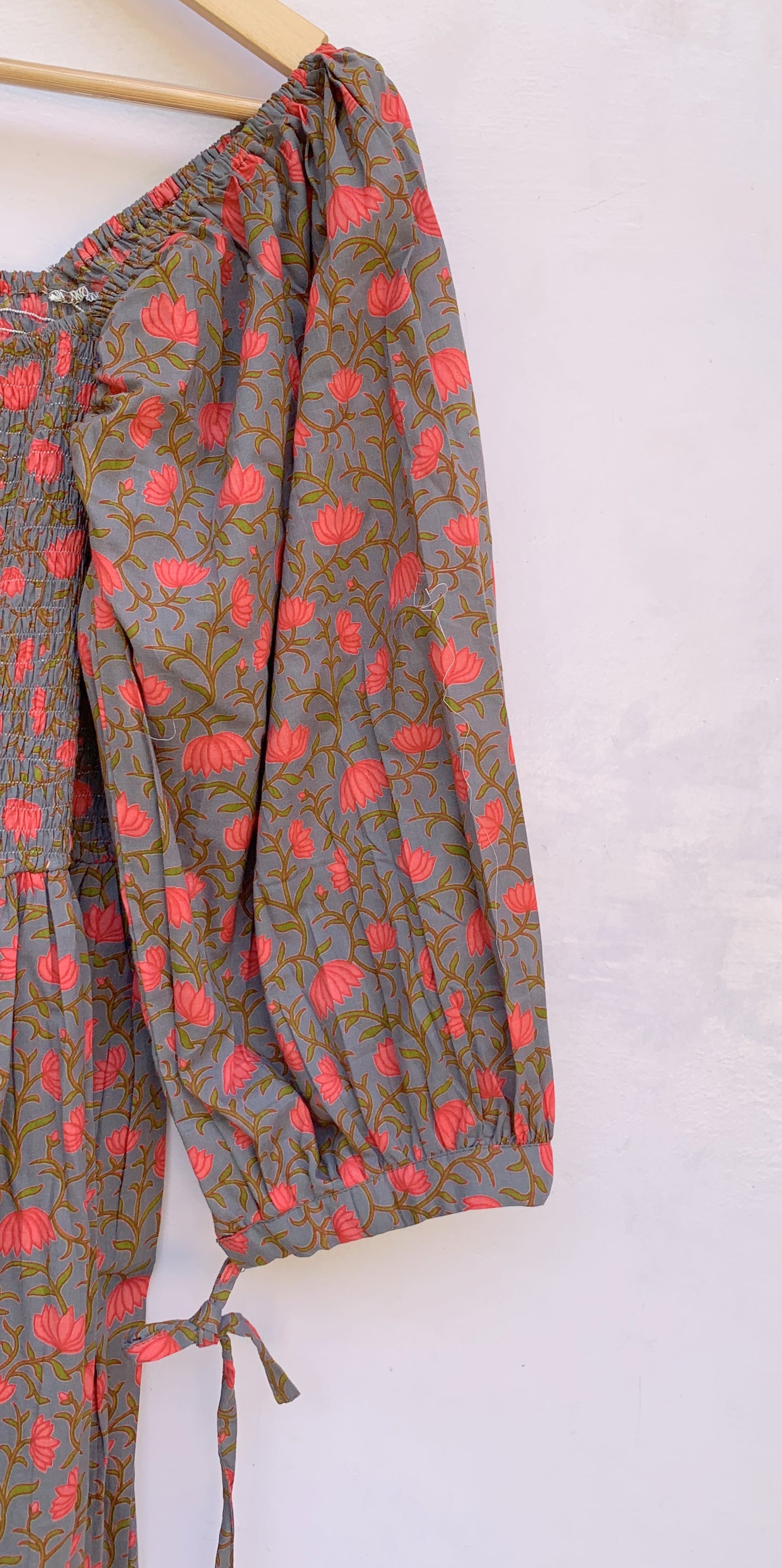 Grey Floral Hand Block Printed Cotton Midi Dress – Smocked Bodice Puff Sleeve Boho Dress