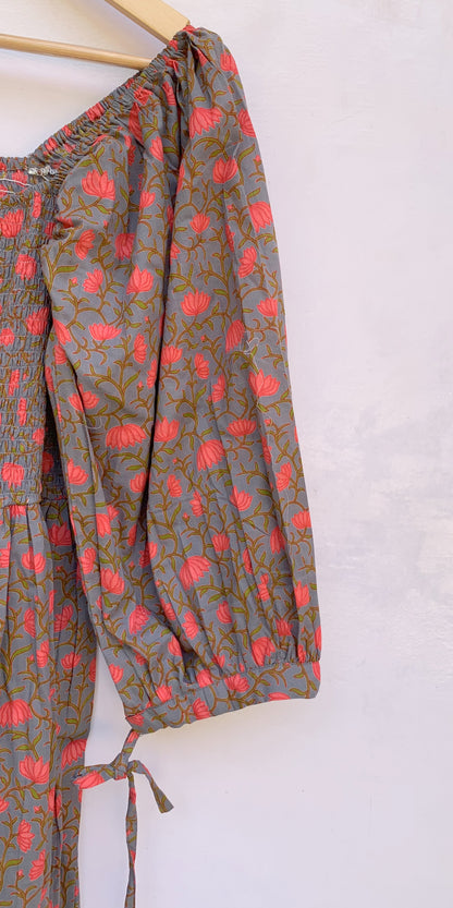 Grey Floral Hand Block Printed Cotton Midi Dress – Smocked Bodice Puff Sleeve Boho Dress