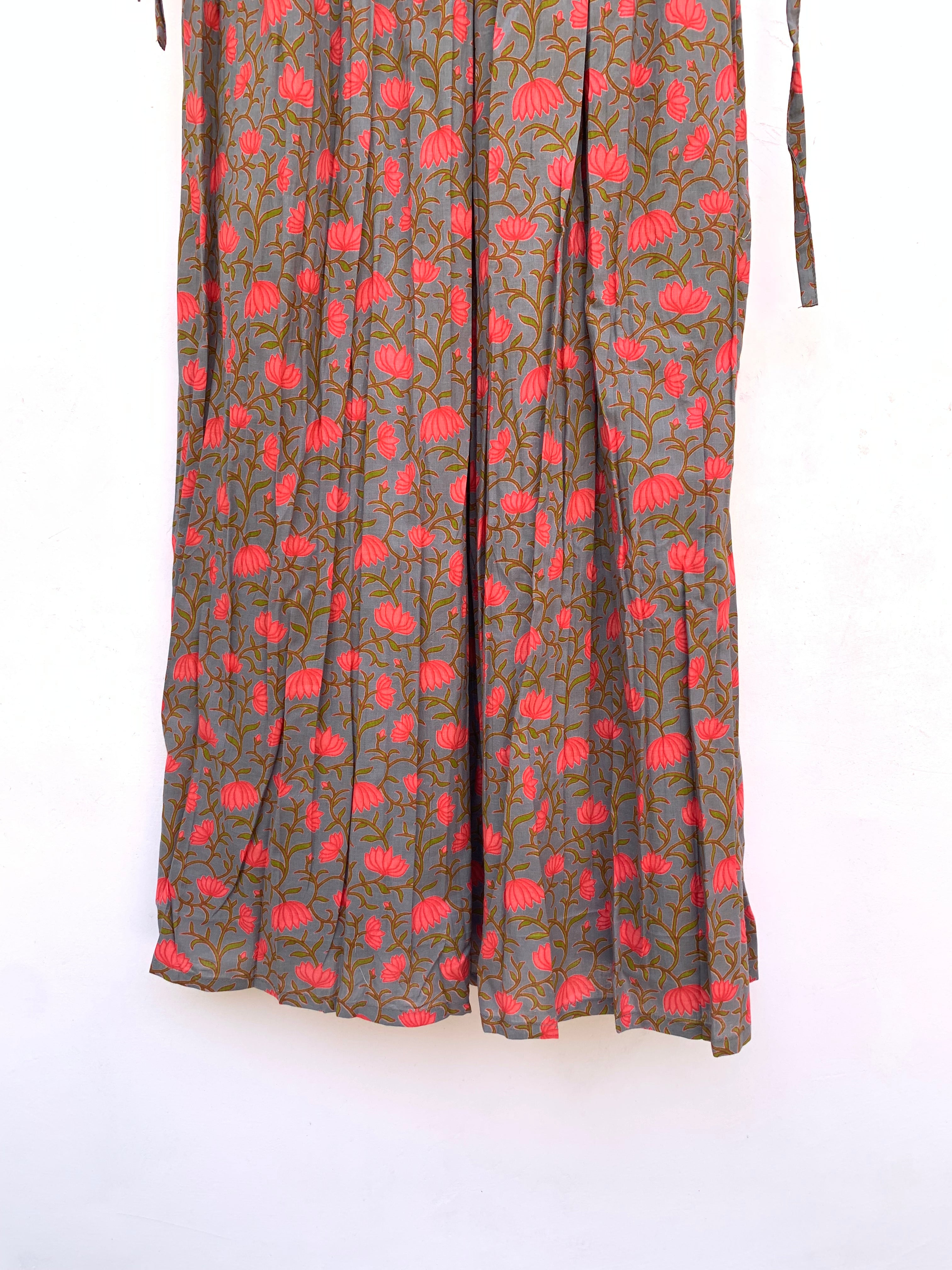 brown pink block printed spring summer maxi