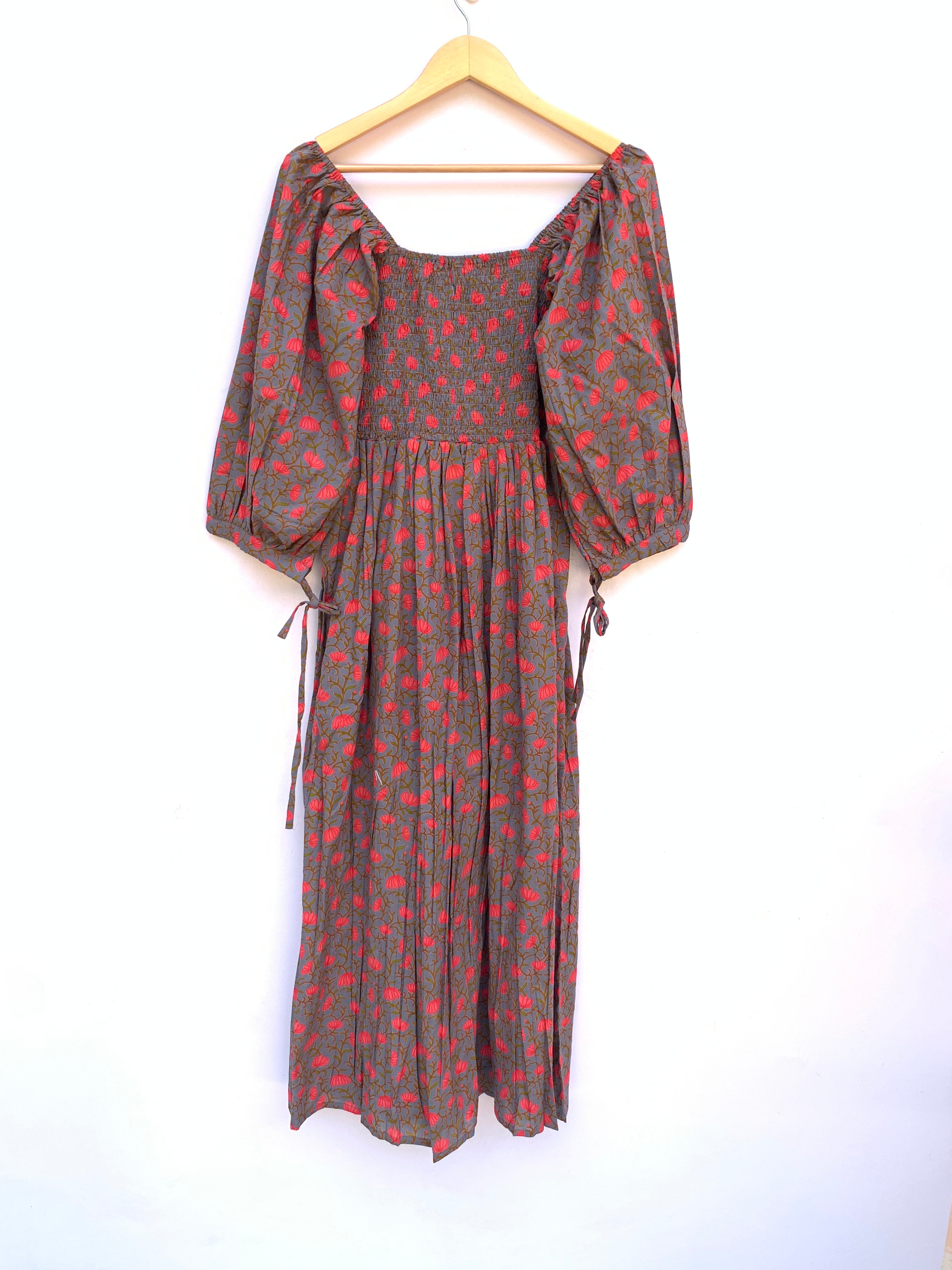 brown pink block printed spring summer maxi