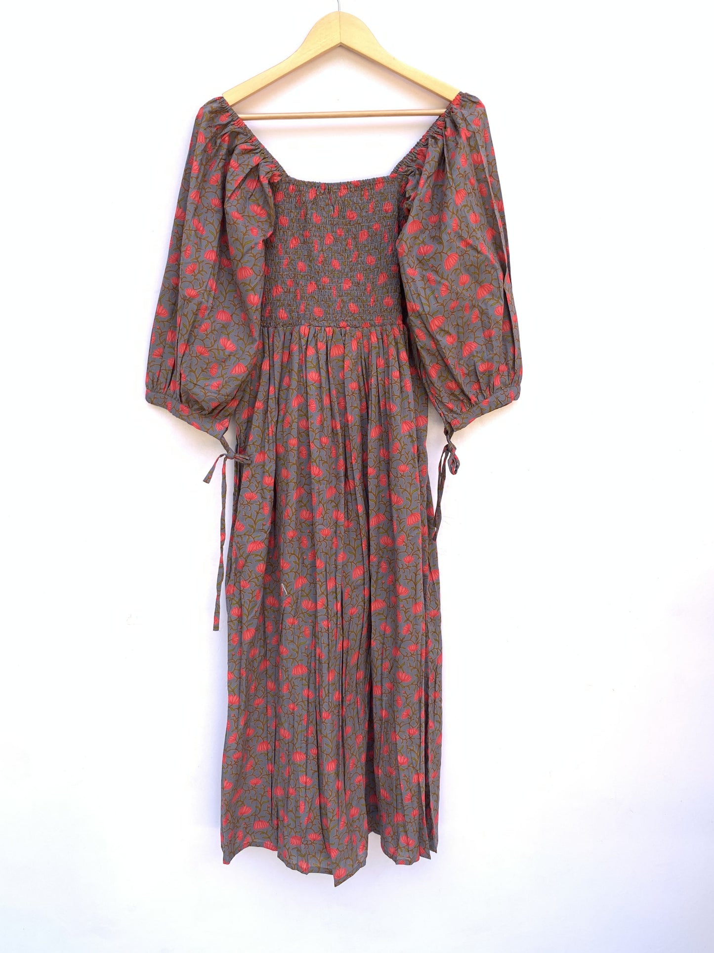 Grey Floral Hand Block Printed Cotton Midi Dress – Smocked Bodice Puff Sleeve Boho Dress