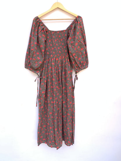 Grey Floral Hand Block Printed Cotton Midi Dress – Smocked Bodice Puff Sleeve Boho Dress