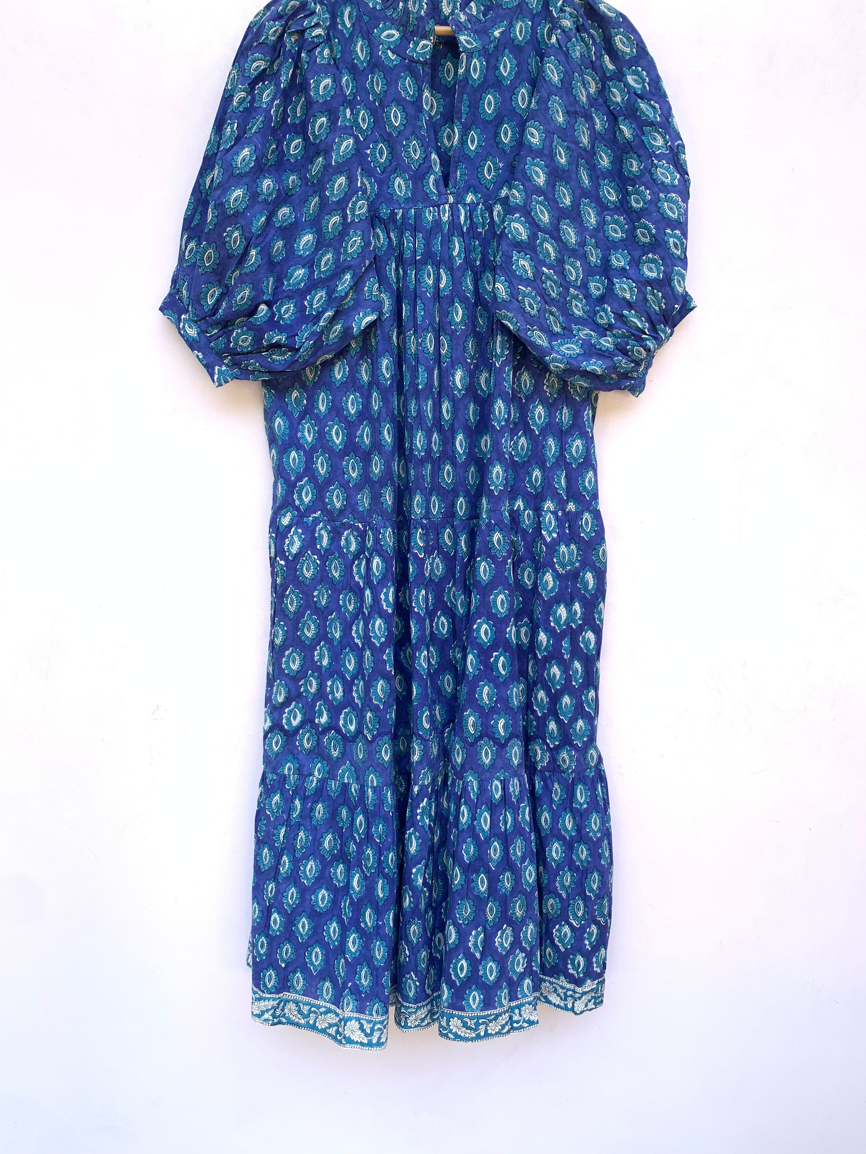 blue leaf block printed spring summer maxi dress