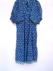 blue leaf block printed spring summer maxi dress