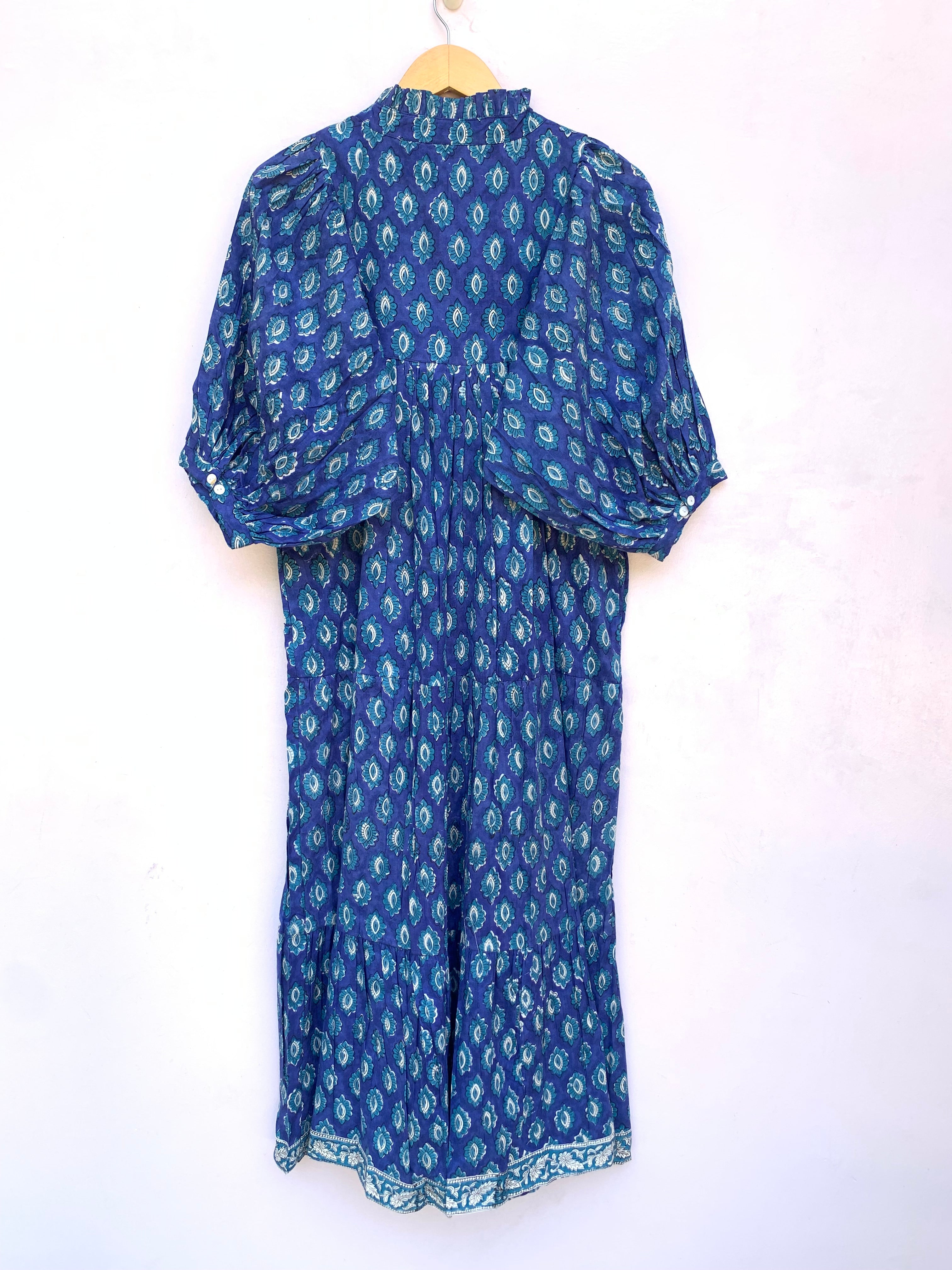 blue leaf block printed spring summer maxi dress