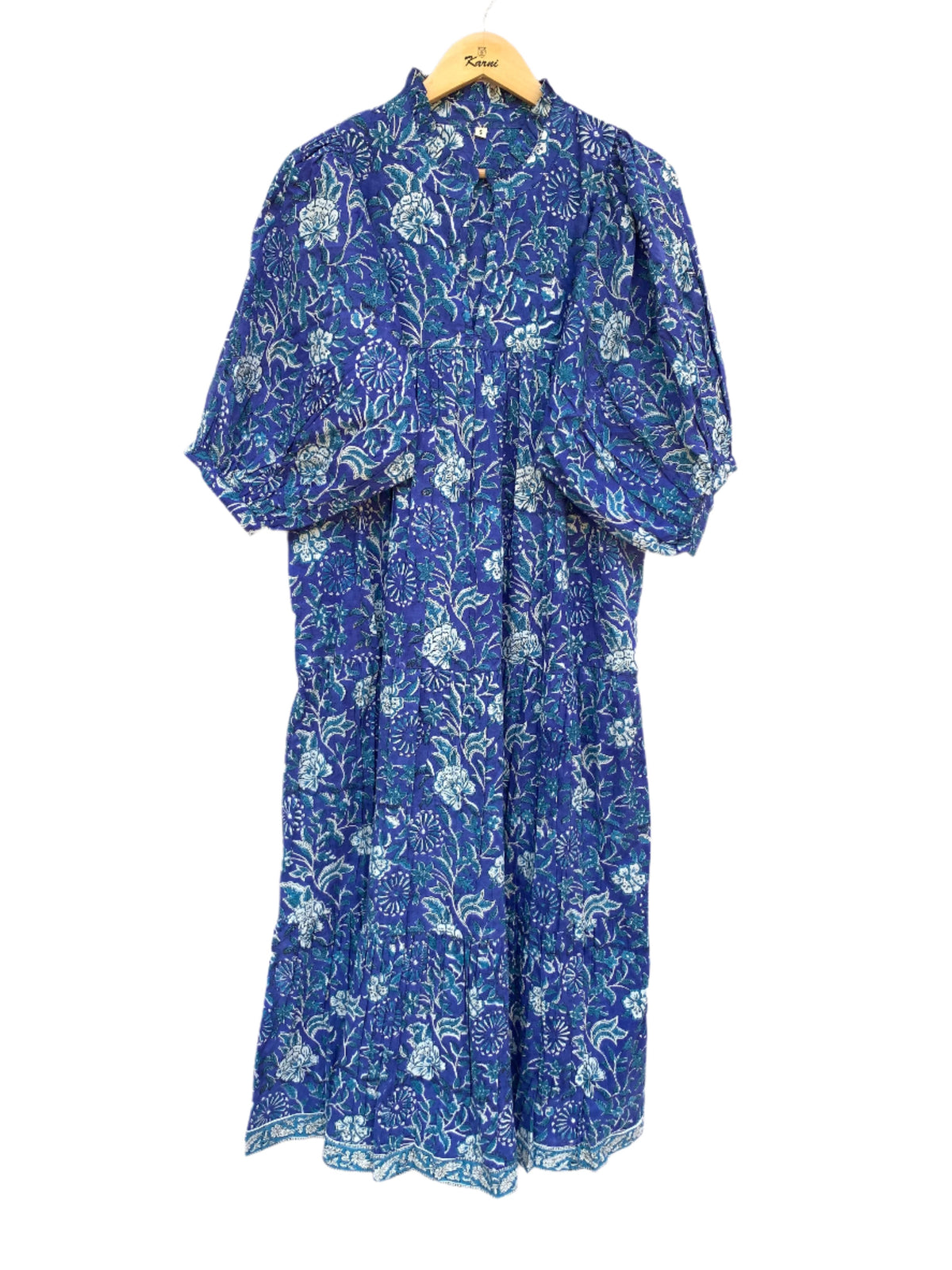 blue floral block printed long maxi dress