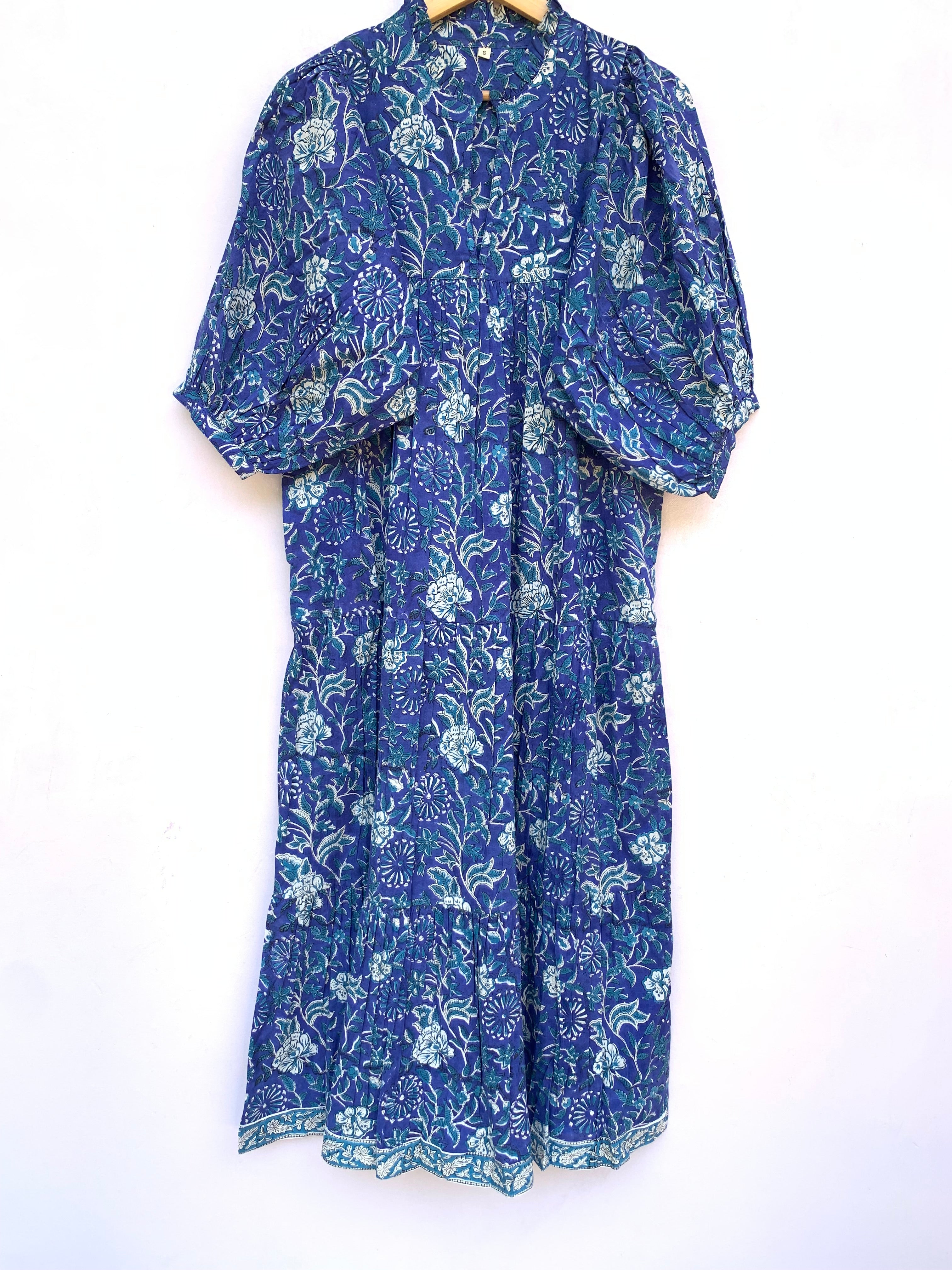 blue floral block printed long maxi dress