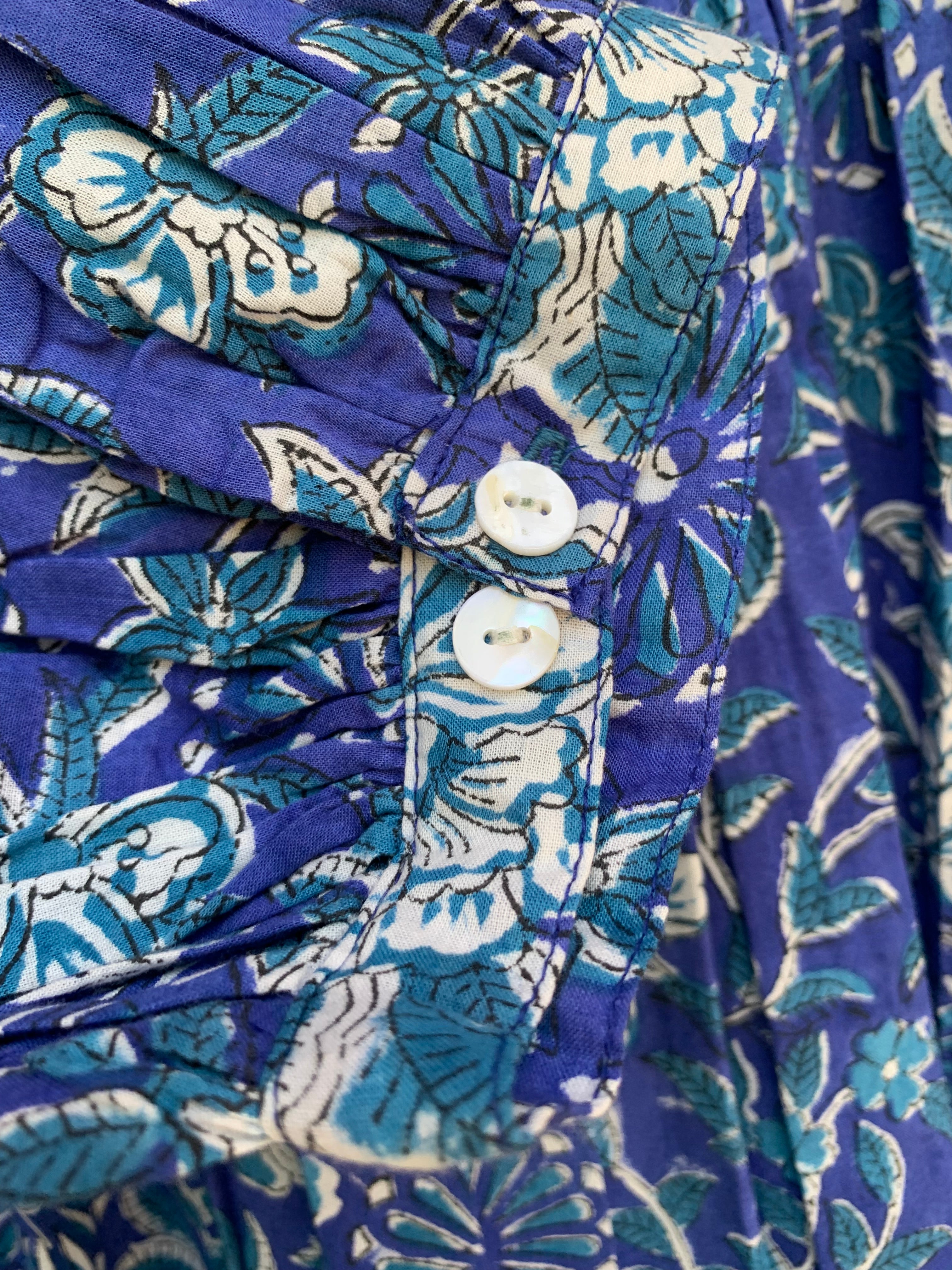 blue floral block printed long maxi dress