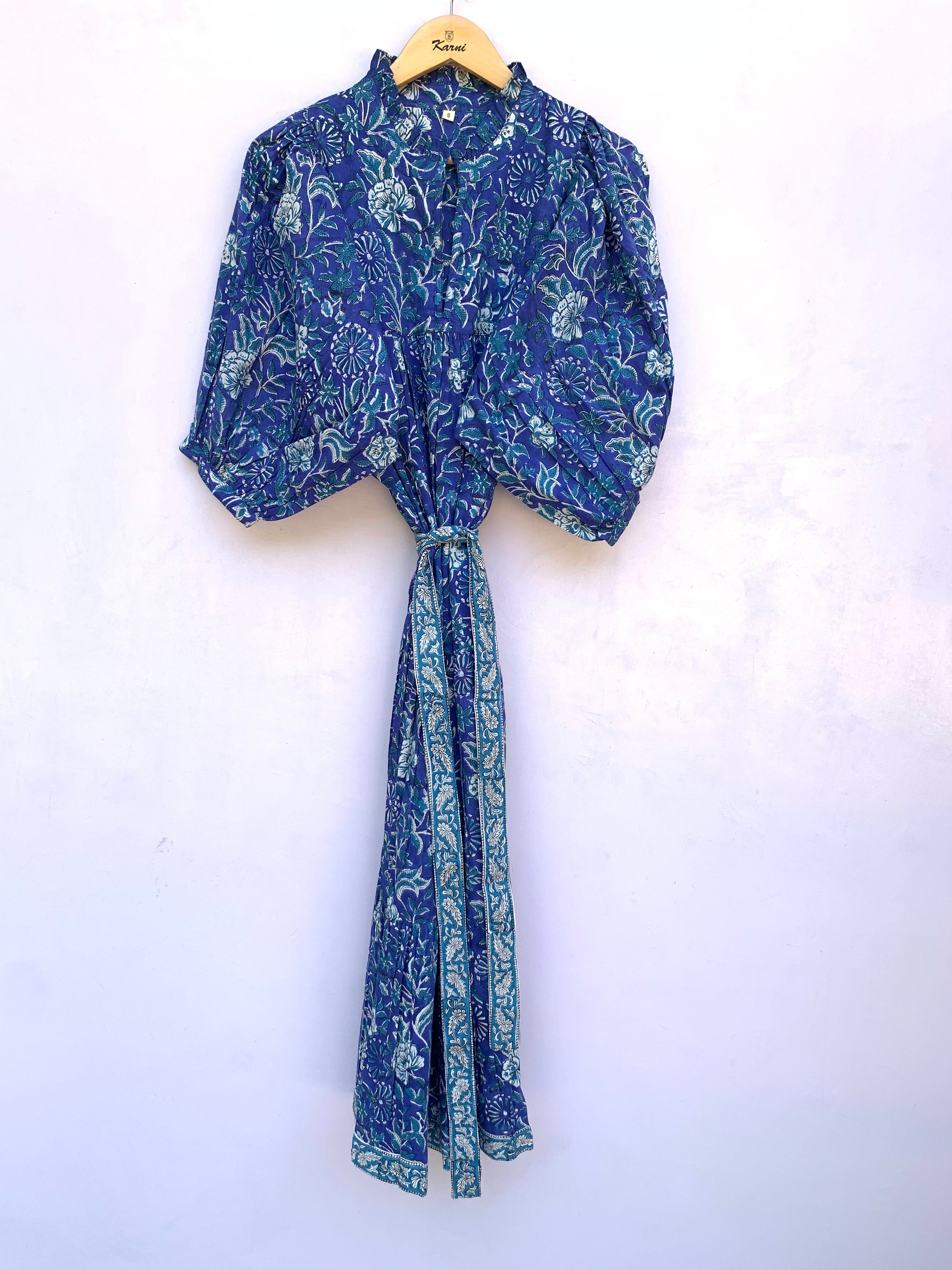 blue floral block printed long maxi dress