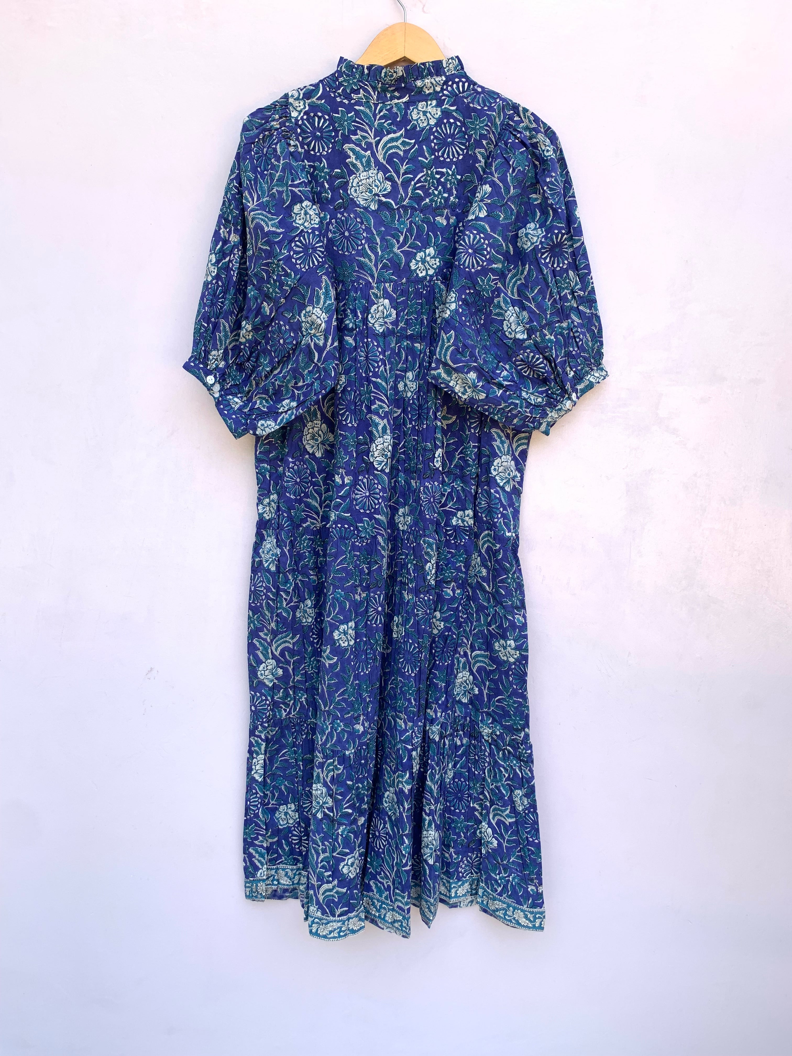 blue floral block printed long maxi dress