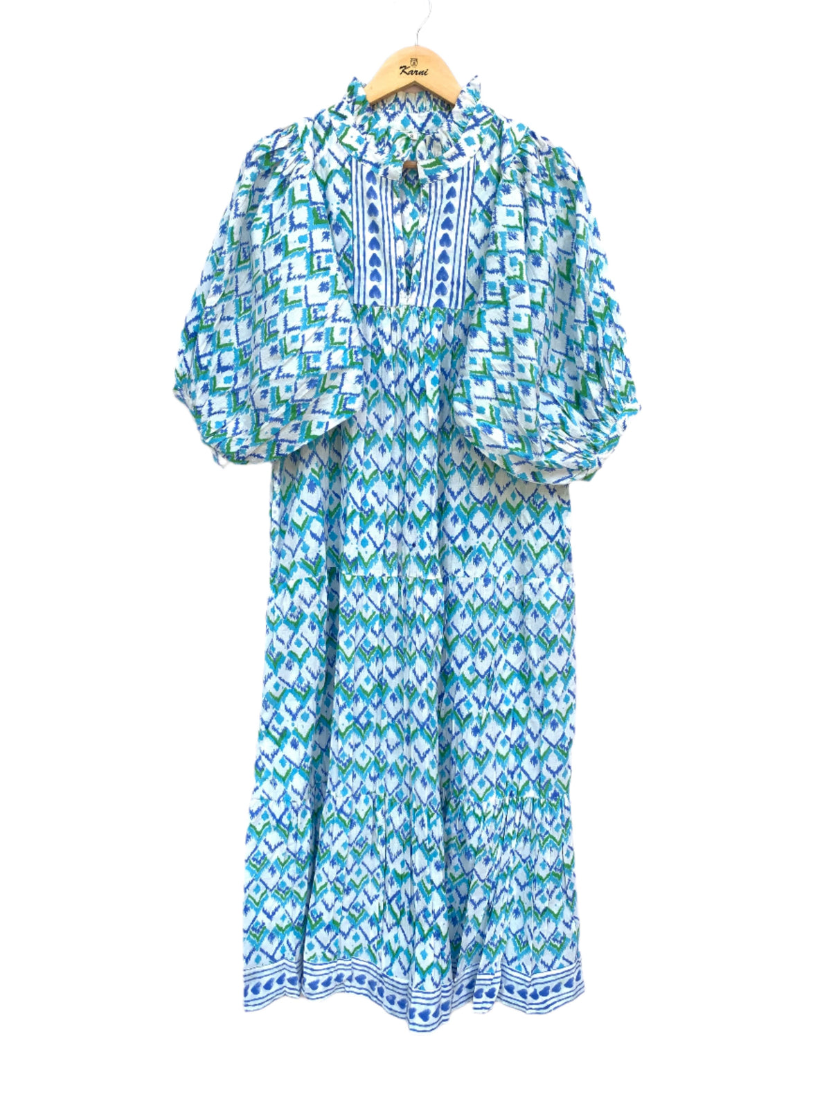 blue green geometrical block printed spring maxi gown