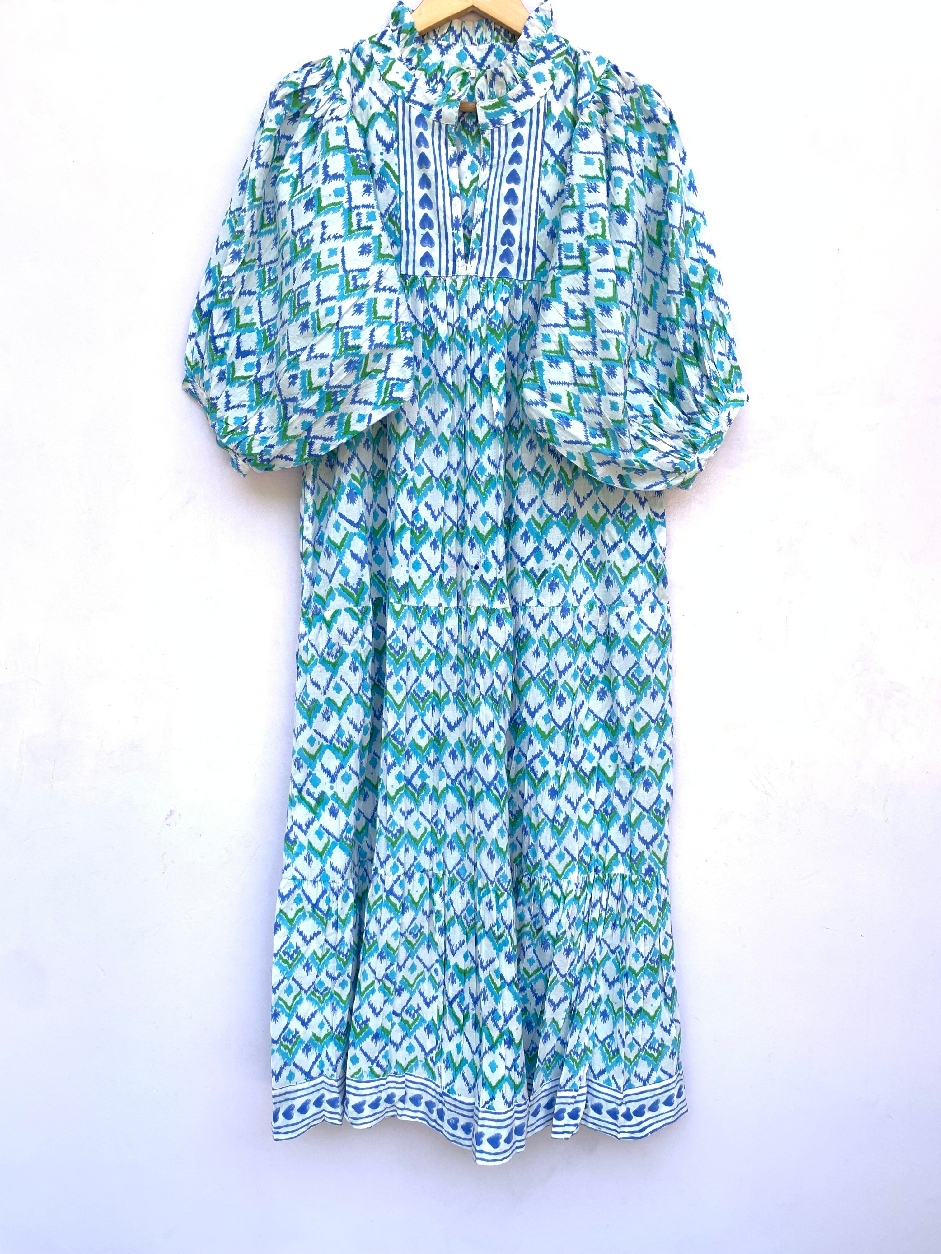 blue green geometrical block printed spring maxi gown