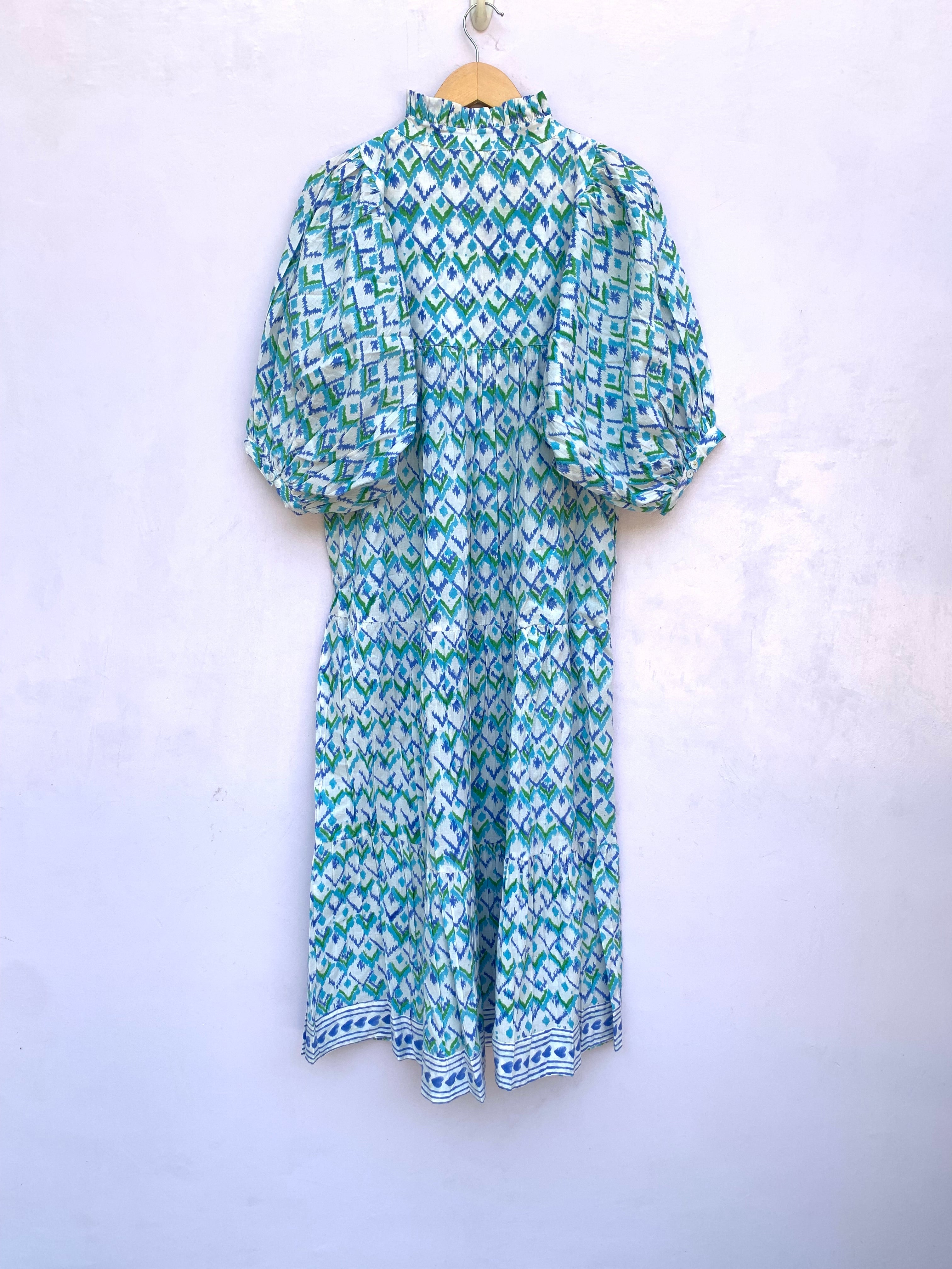 blue green geometrical block printed spring maxi gown