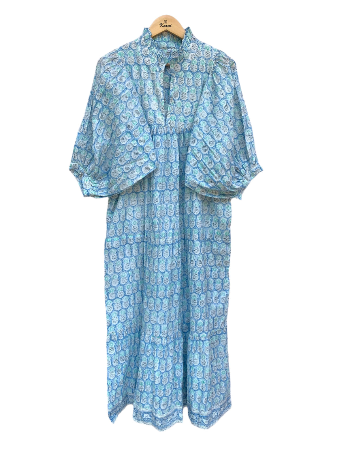 blue pineapple block printed maxi dress