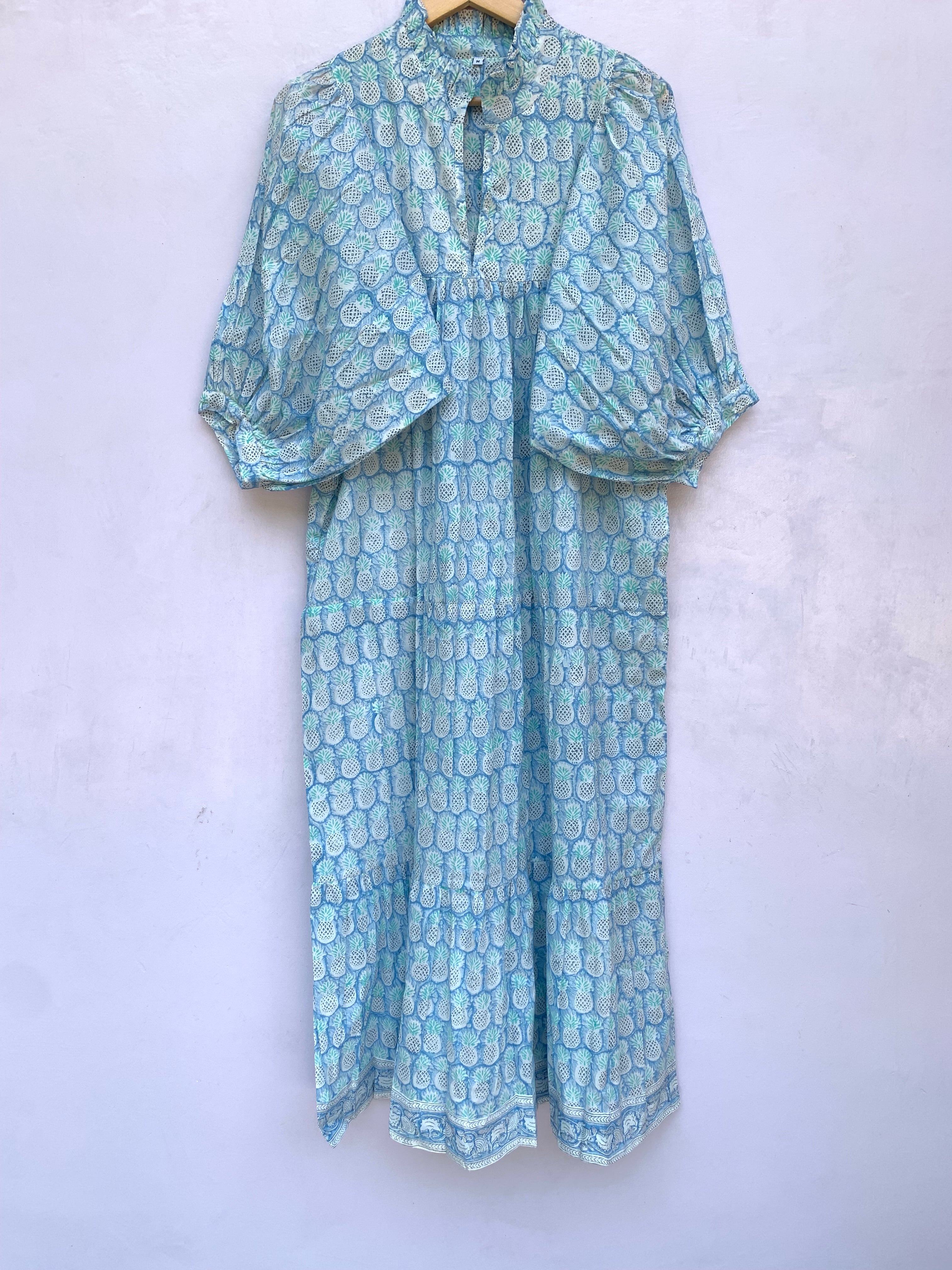 blue pineapple block printed maxi dress