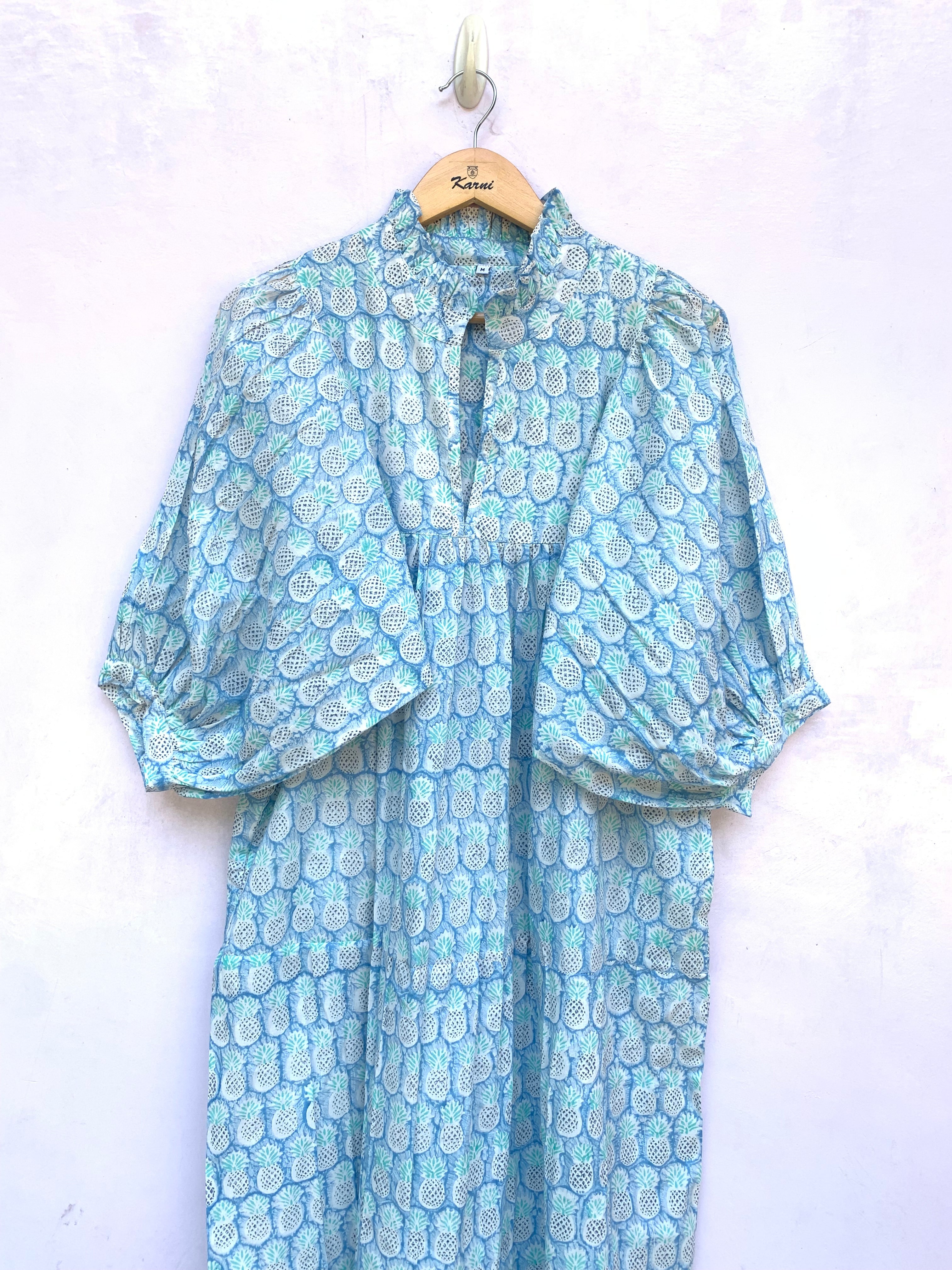 blue pineapple block printed maxi dress