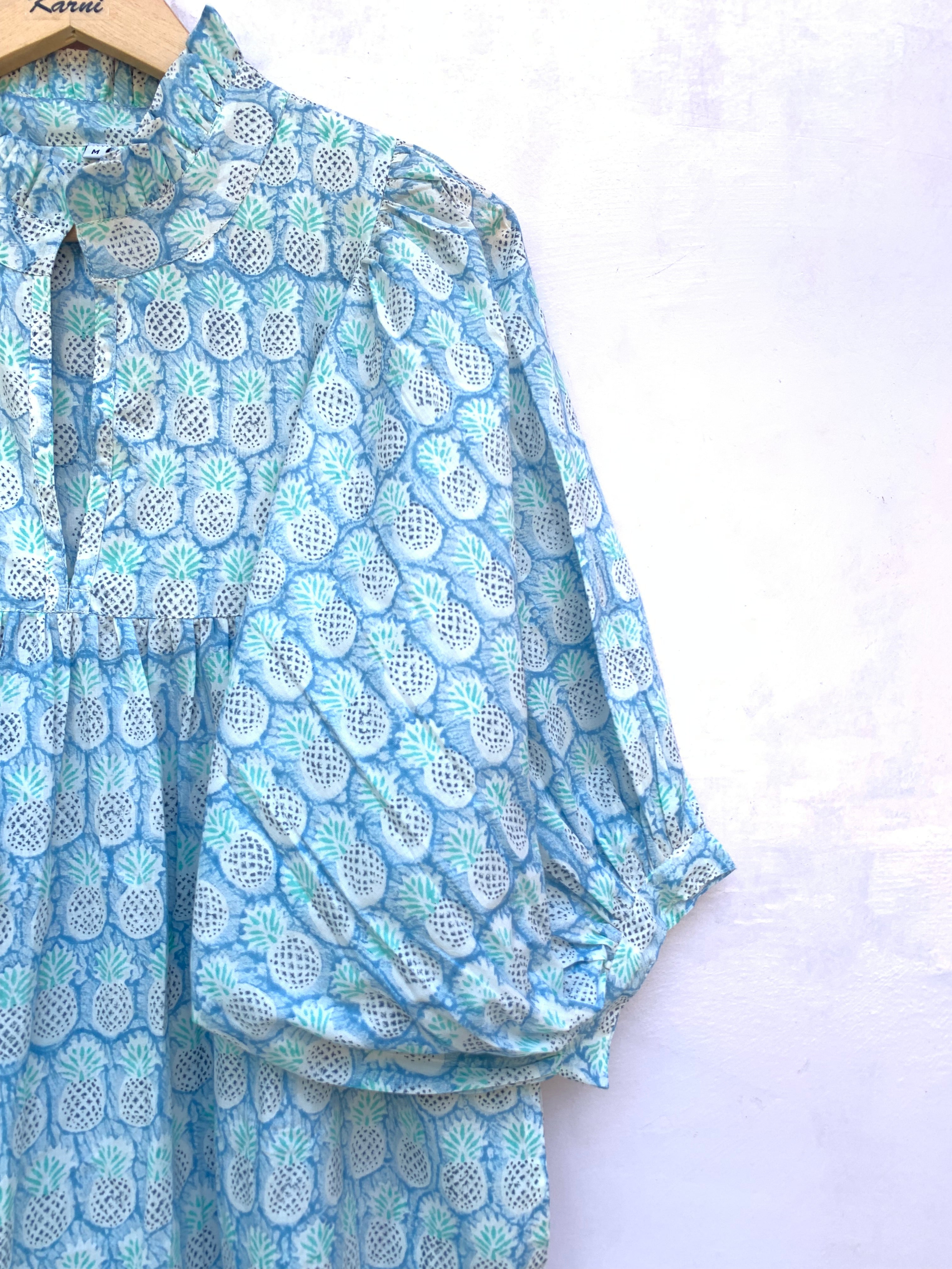 blue pineapple block printed maxi dress