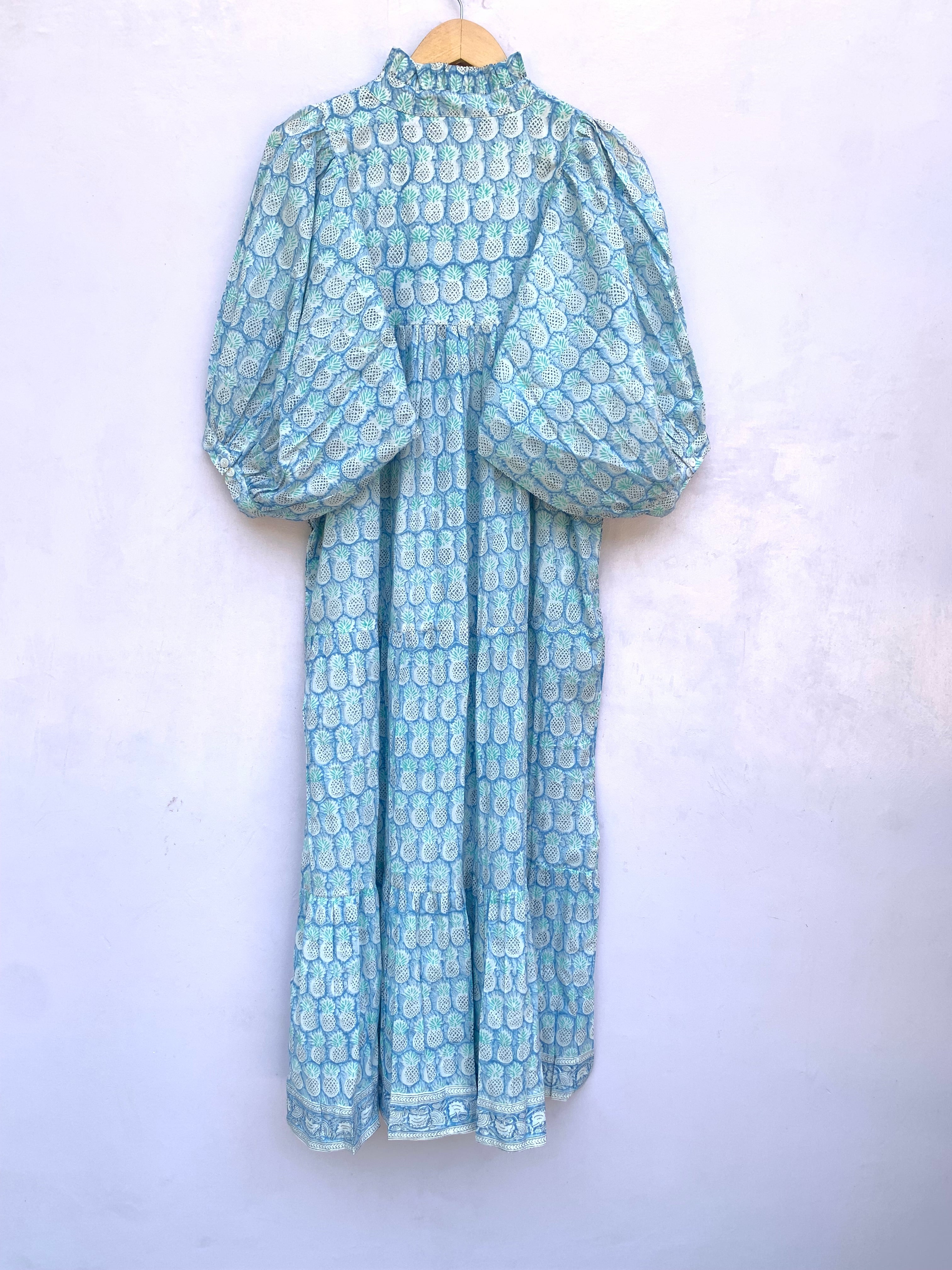 blue pineapple block printed maxi dress