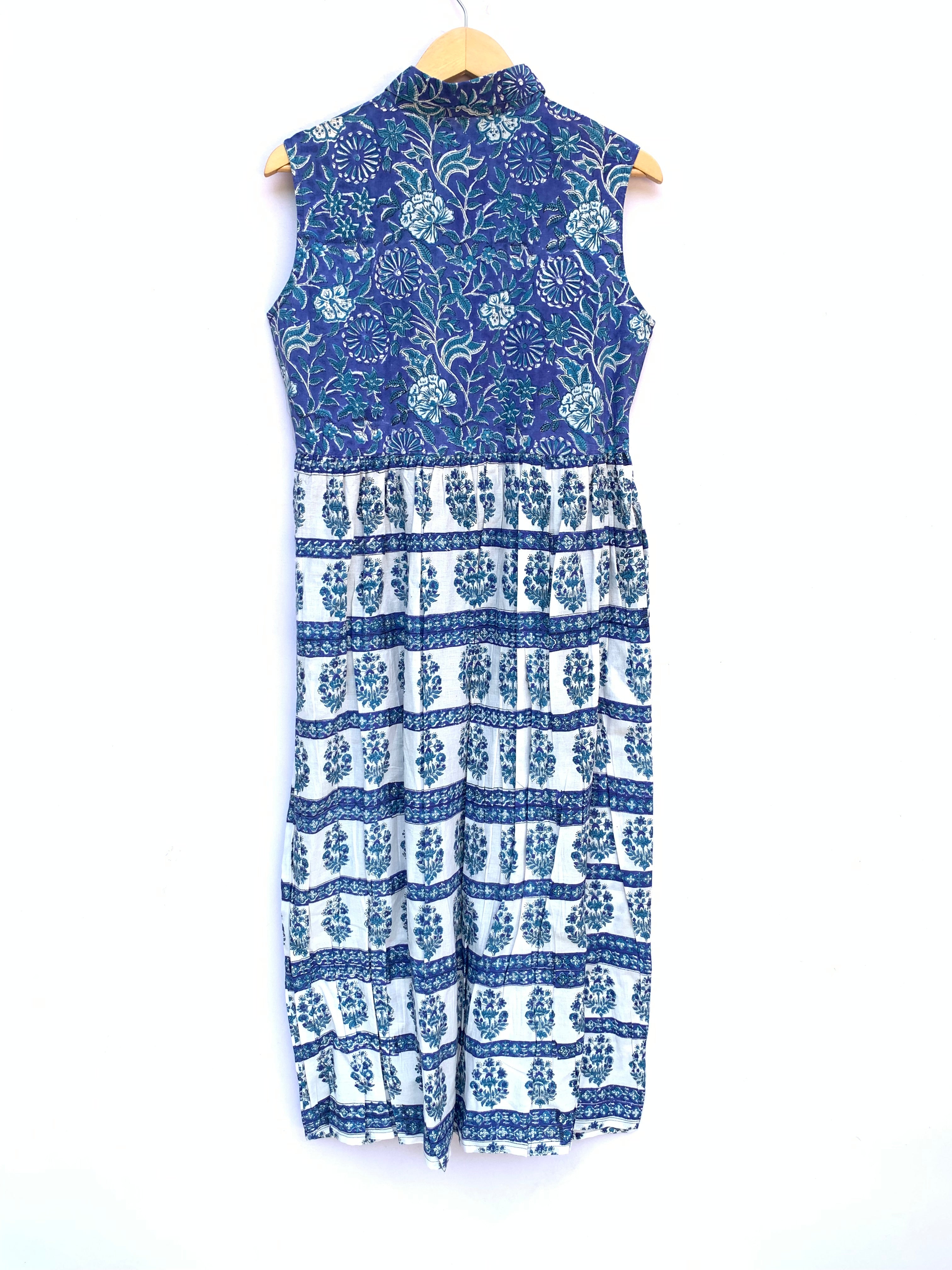 blue striped floral block printed women's maxi dress