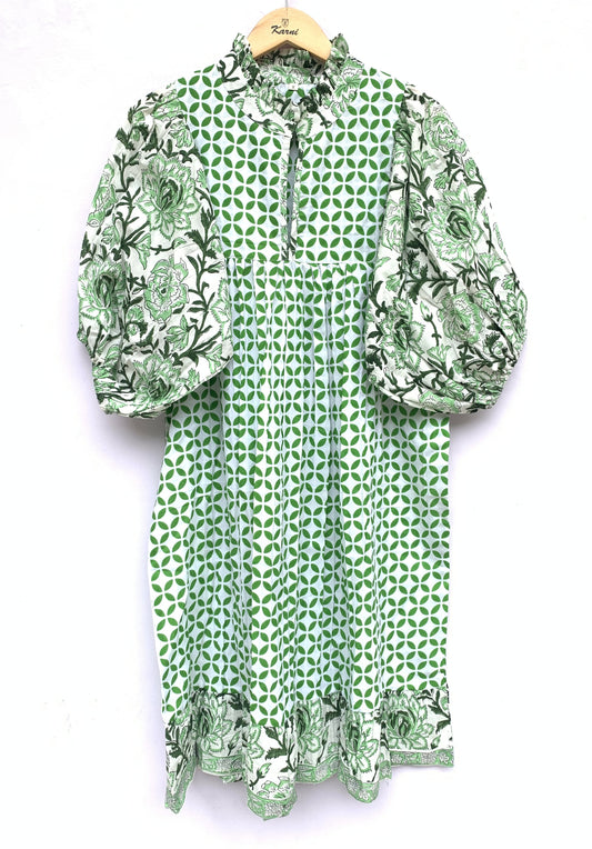 cotton womens green and white dress with big floral balloon sleeves