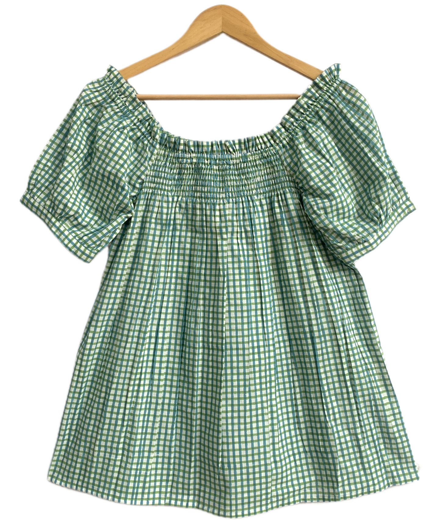 Turquoise Gingham Cotton Lounge Set – Puff Sleeve Smocked Top & Shorts
