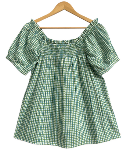 Turquoise Gingham Cotton Lounge Set – Puff Sleeve Smocked Top & Shorts