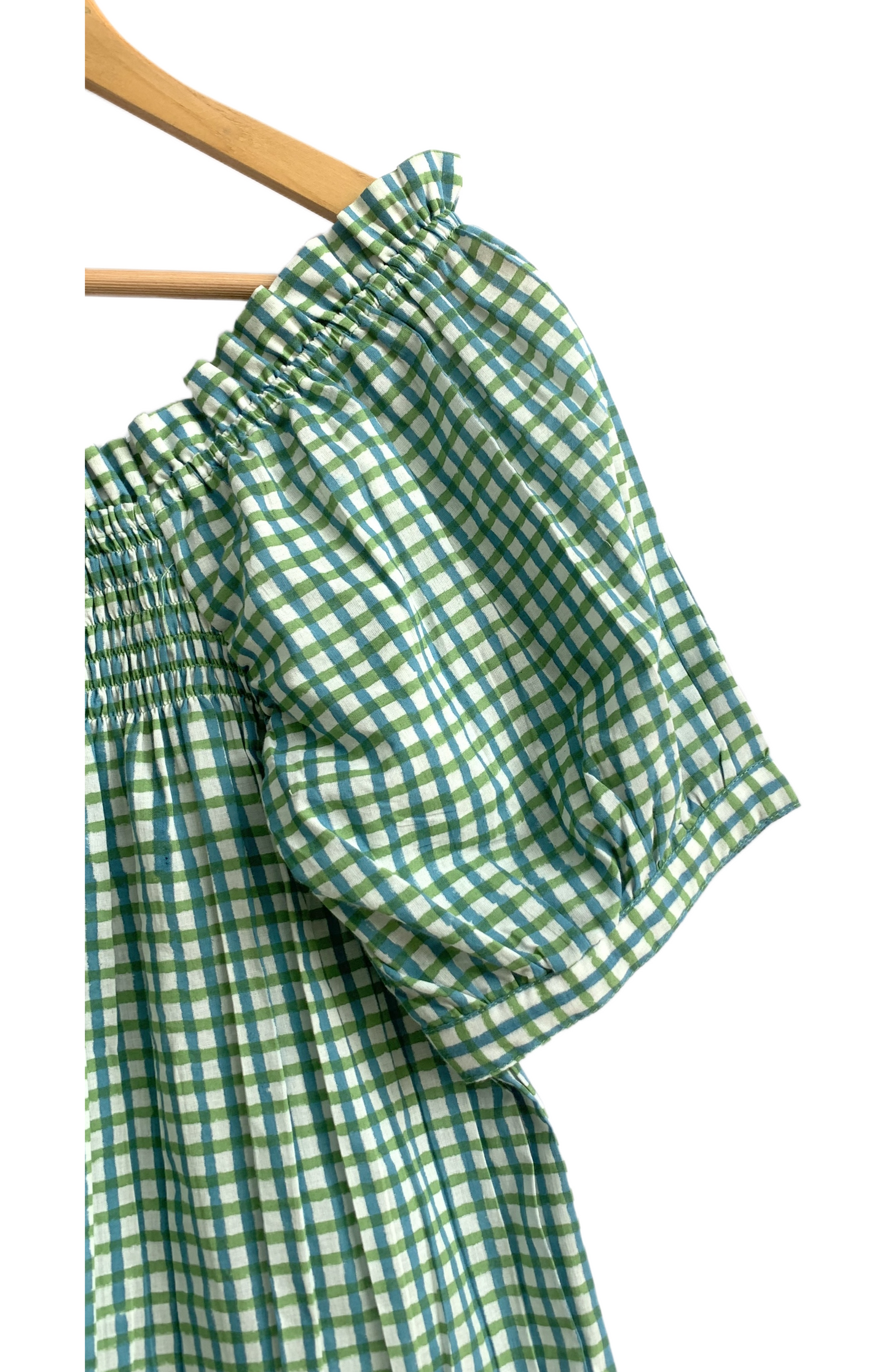 Turquoise Gingham Cotton Lounge Set – Puff Sleeve Smocked Top & Shorts