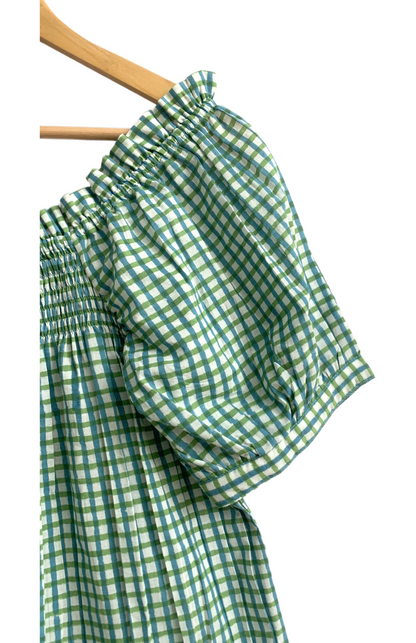 Turquoise Gingham Cotton Lounge Set – Puff Sleeve Smocked Top & Shorts